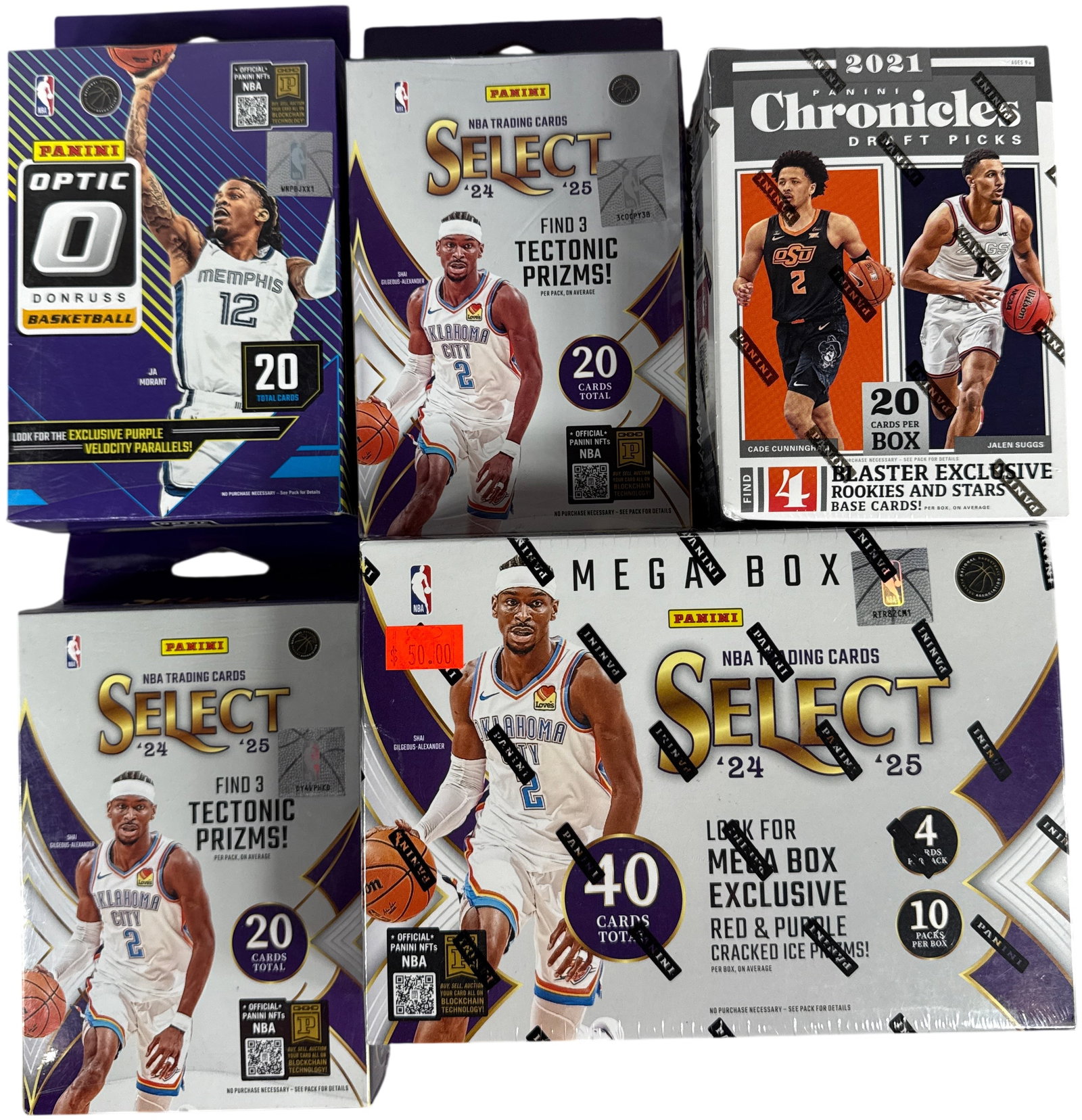 A Collection of Panini Basketball Trading Card Boxes Including 2024-25 Select and Donruss Optic: This collection consists of factory-sealed basketball trading card boxes produced by Panini, spanning the 2021 and 2024-25 seasons. The group includes one 2021 Panini Chronicles Draft Picks Basketball