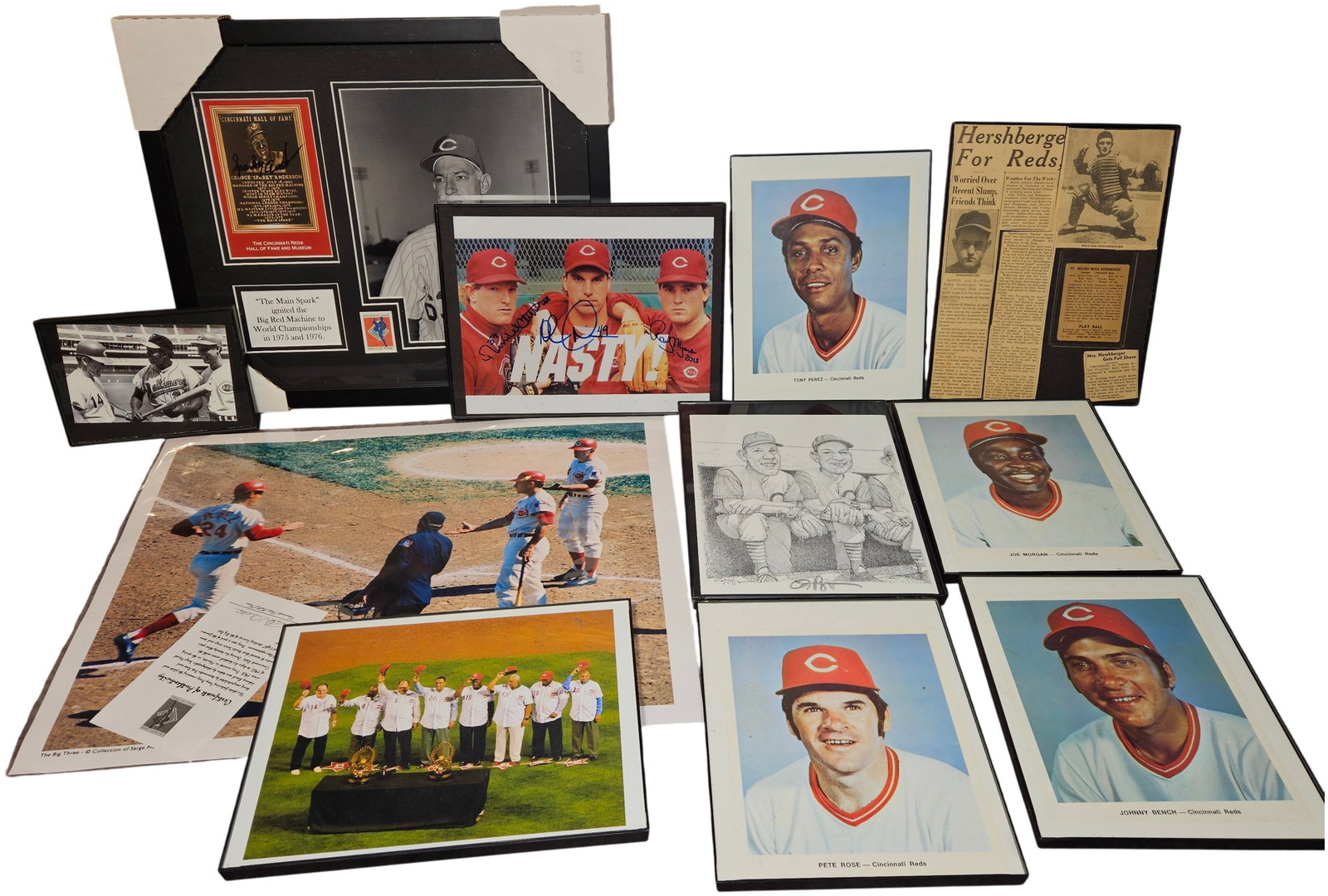 A Collection of Cincinnati Reds Memorabilia and Big Red Machine Era Ephemera: A collection of memorabilia primarily focused on the Cincinnati Reds and the Big Red Machine era. The assortment includes a framed tribute to manager Sparky Anderson featuring a commemorative plaque t