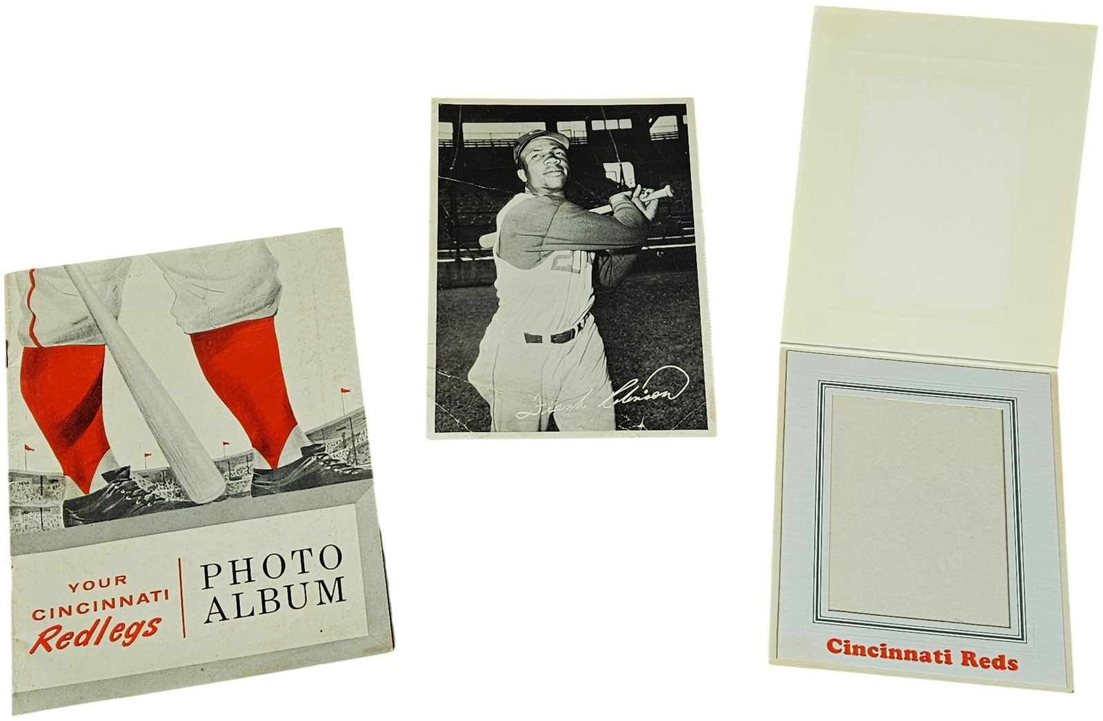 Three-Piece Collection of 1957 Cincinnati Redlegs Sohio Promotional Memorabilia Featuring Frank: This lot consists of a three-piece collection of promotional baseball memorabilia issued by Sohio (Standard Oil of Ohio) for the Cincinnati Redlegs, circa 1957. The set includes a multi-page promotion