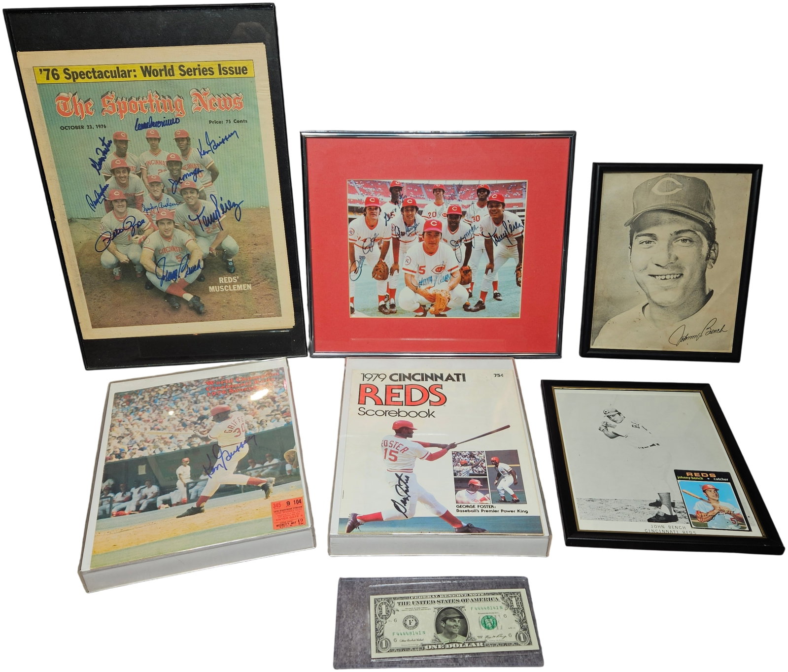 A Collection of Cincinnati Reds Big Red Machine Era Autographed Memorabilia: This collection celebrates the Cincinnati Reds Big Red Machine era and consists of several framed and loose signed items. Included is a framed cover of the October 23, 1976, issue of The Sporting News