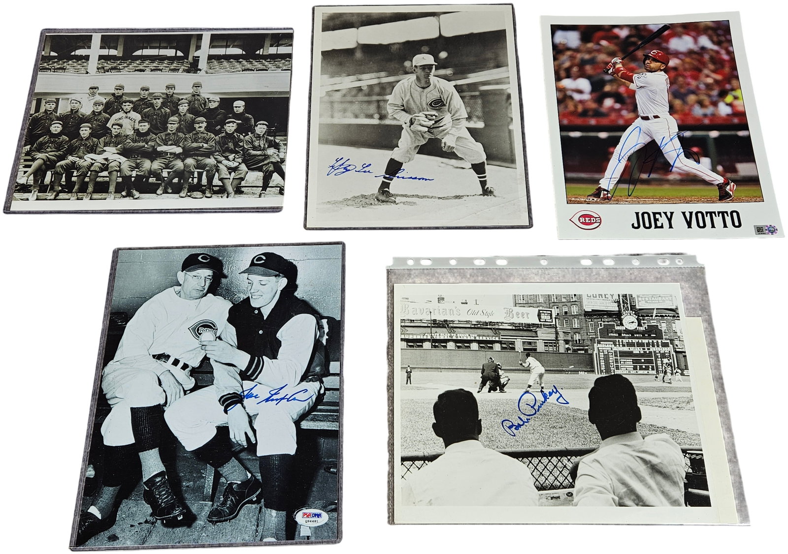 A Lot of Cincinnati Reds Baseball Photographs Including Autographed Joe Nuxhall, Joey Votto, Eppa: This lot consists of Cincinnati Reds baseball photographs representing various eras of the franchise history, including a group of autographed items and a vintage team photo reprint. The first item is