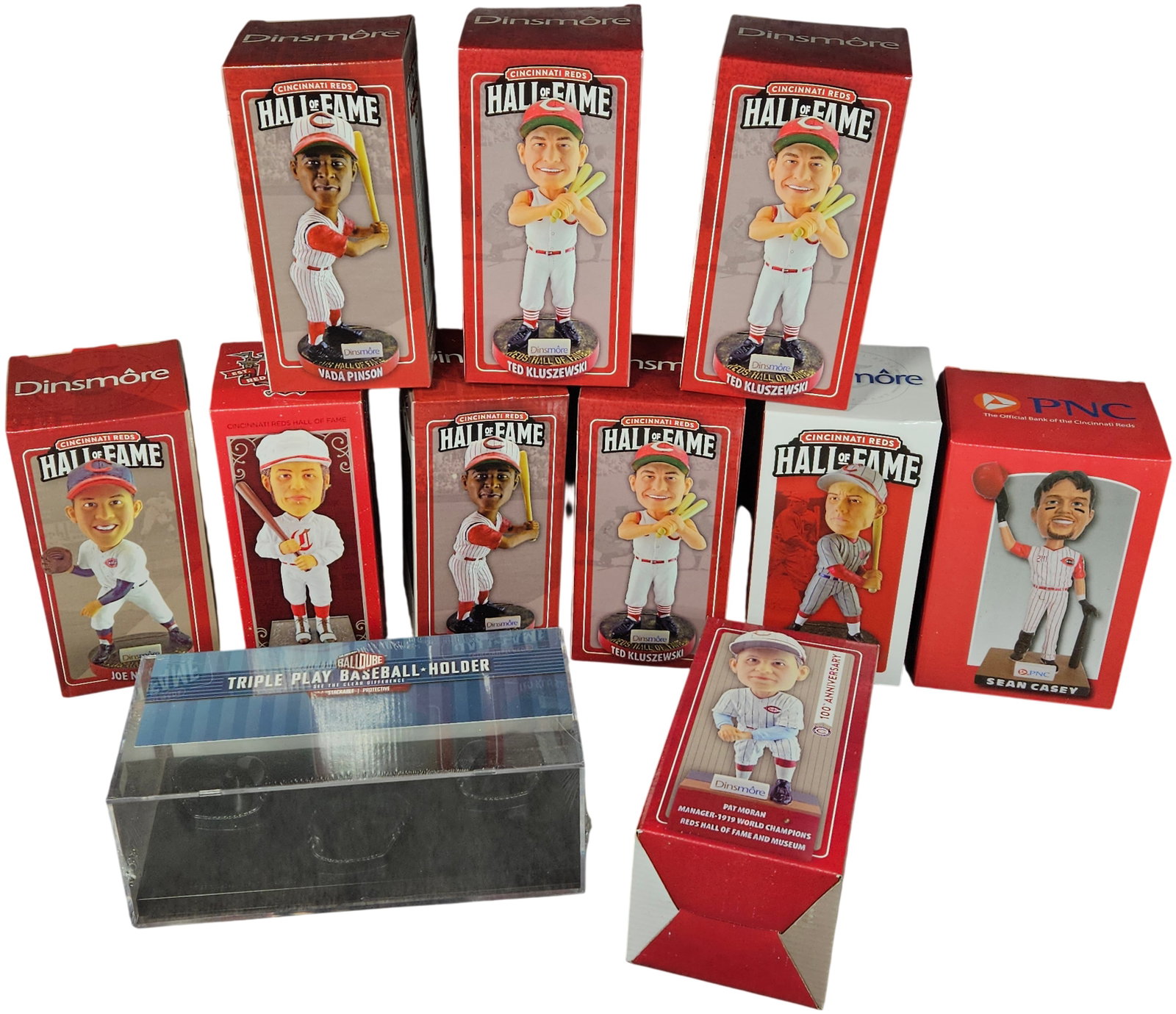 A Collection of Cincinnati Reds Hall of Fame Bobbleheads and a Triple Baseball Display Holder (1 of 19)