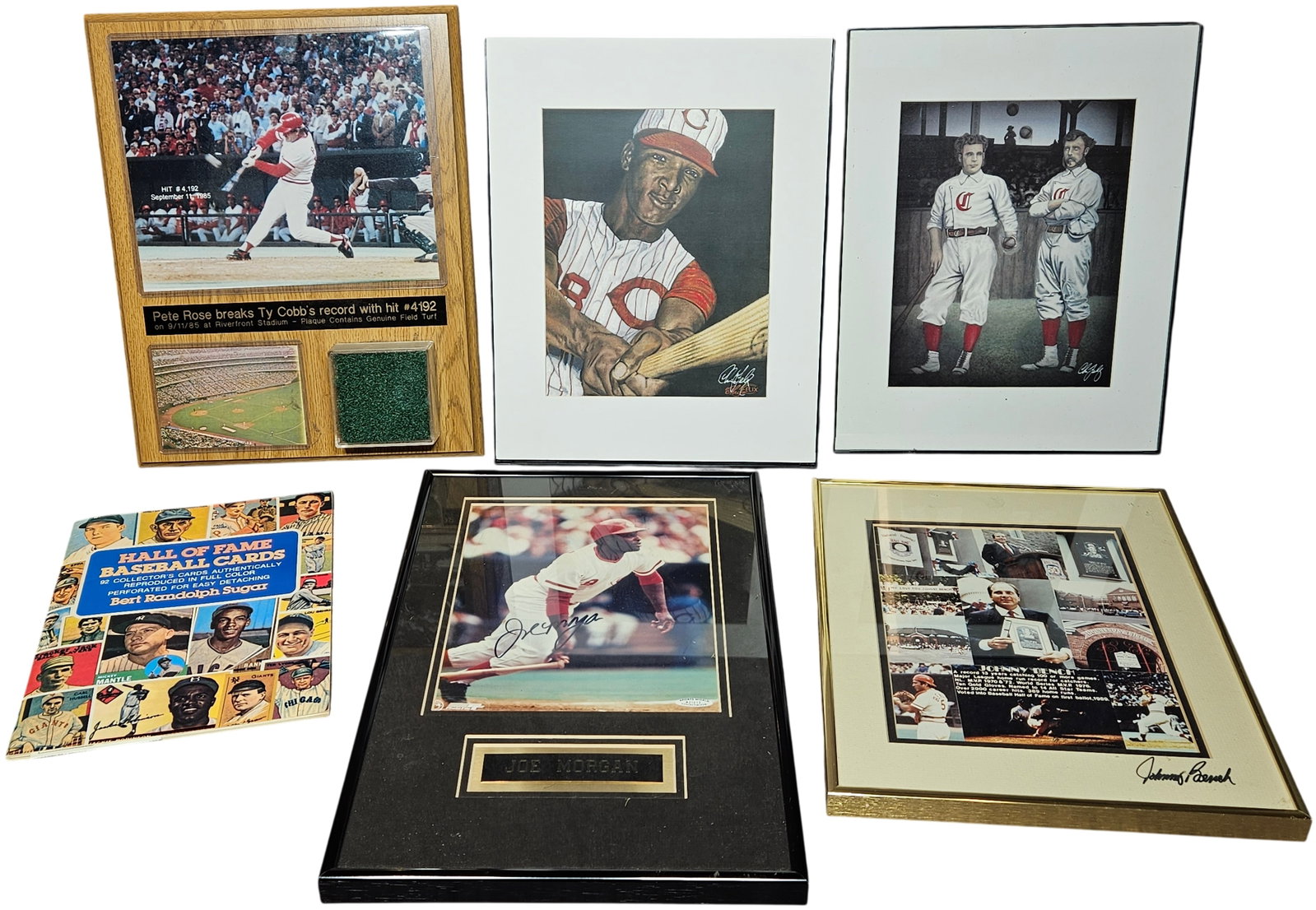 A Collection of Cincinnati Reds and Baseball Hall of Fame Memorabilia: An assortment of sports memorabilia primarily focused on the Cincinnati Reds Big Red Machine era and National Baseball Hall of Fame history. The collection includes a framed and matted 8 by 10 inch co