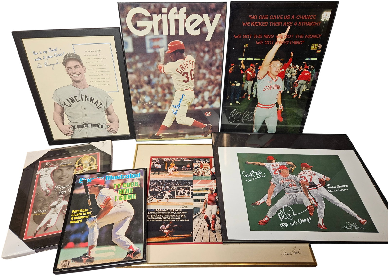 A Collection of Framed Cincinnati Reds Baseball Memorabilia and Signed Prints: A collection of framed Cincinnati Reds sports memorabilia featuring various legendary players and team history milestones. The group includes a career collage print of Hall of Fame catcher Johnny Benc