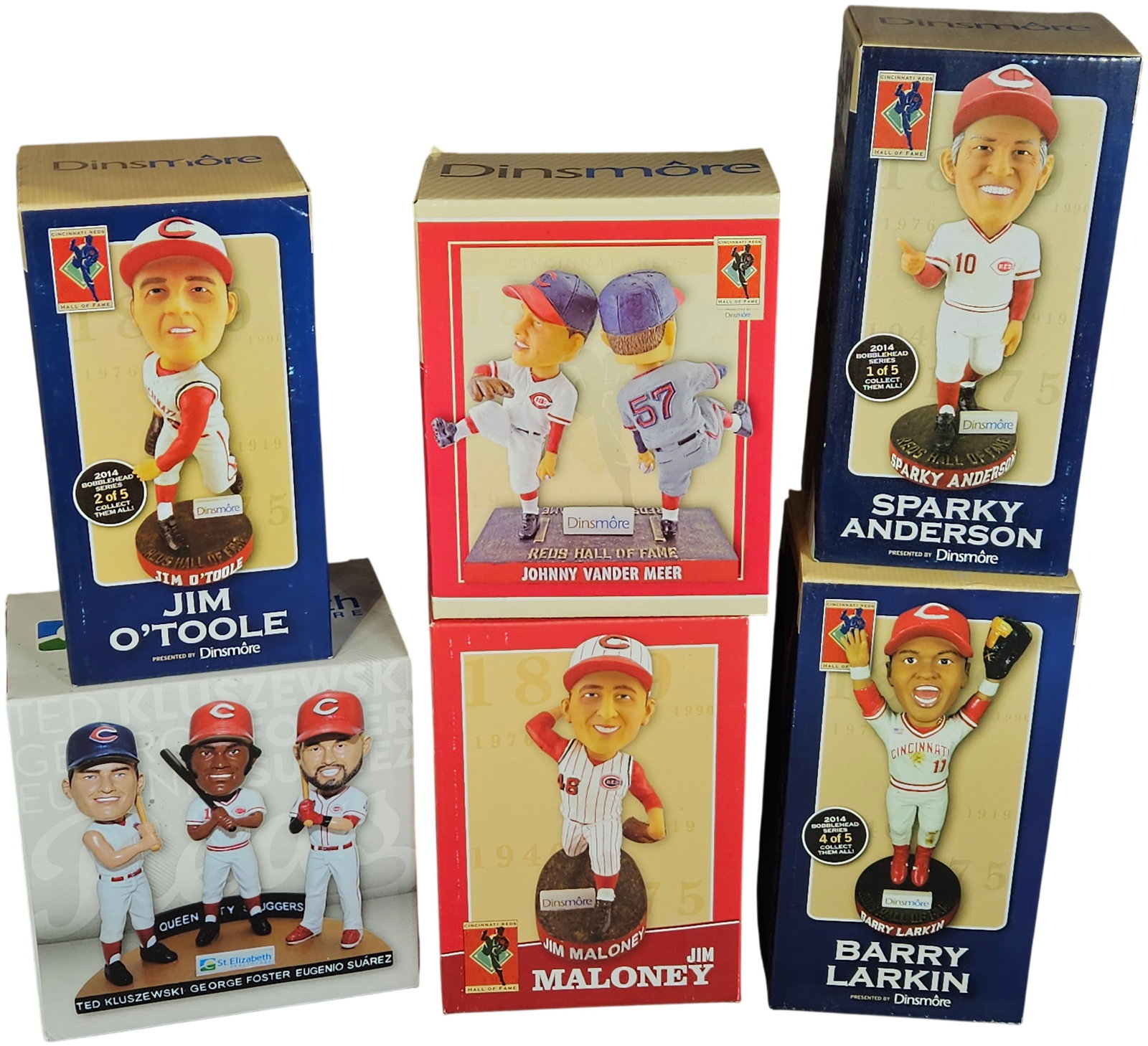 A Collection of Six Cincinnati Reds Commemorative Bobbleheads in Original Packaging: This lot consists of Cincinnati Reds commemorative bobbleheads, primarily from the franchise Hall of Fame series presented by Dinsmore. The collection features items from the 2014 Bobblehead Series: m