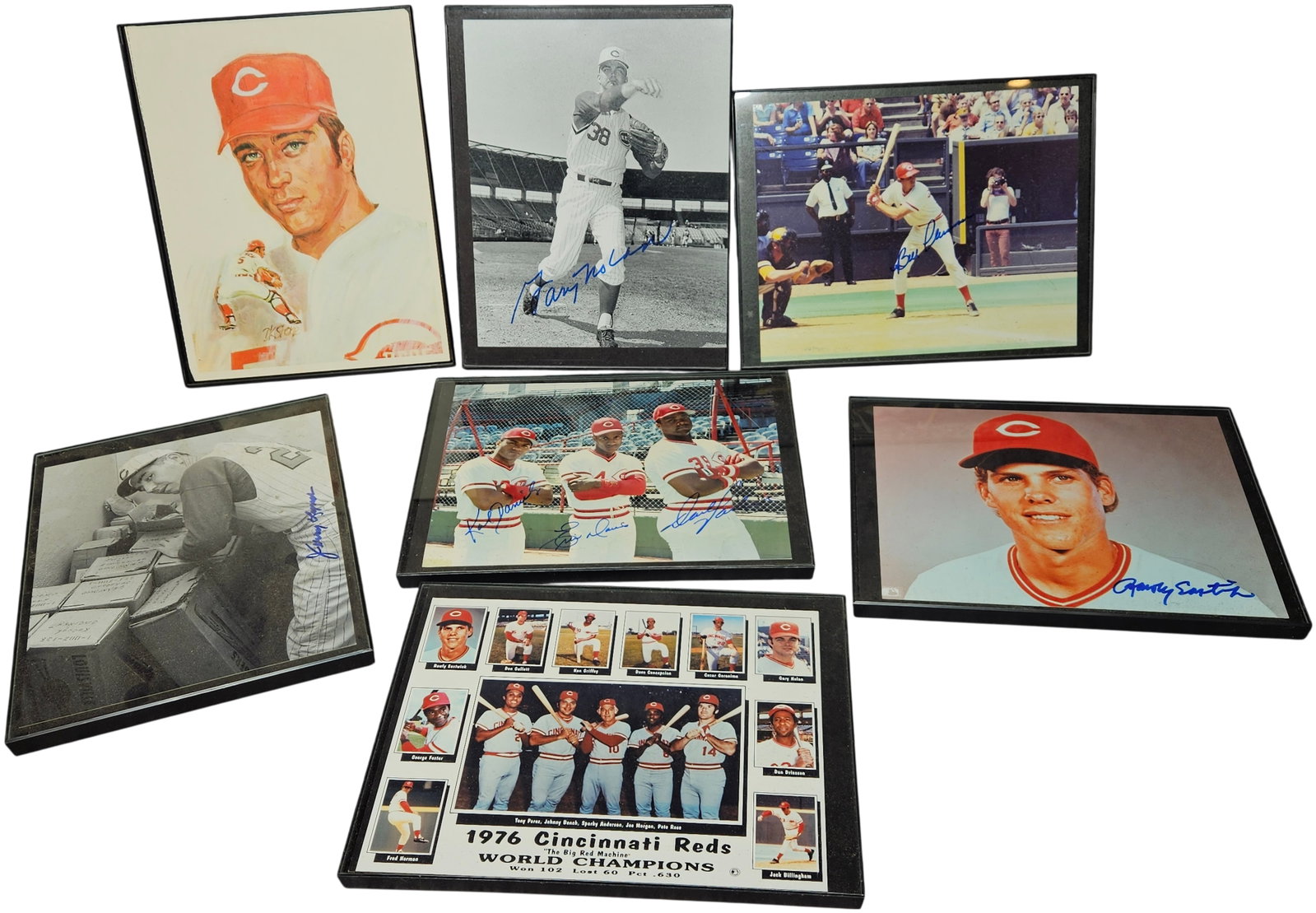 A Collection of Framed Cincinnati Reds Baseball Memorabilia Including Multiple Autographed: This collection consists of several framed Cincinnati Reds baseball memorabilia items, primarily focused on the Big Red Machine era of the 1970s and the team roster of the late 1980s. The assortment i