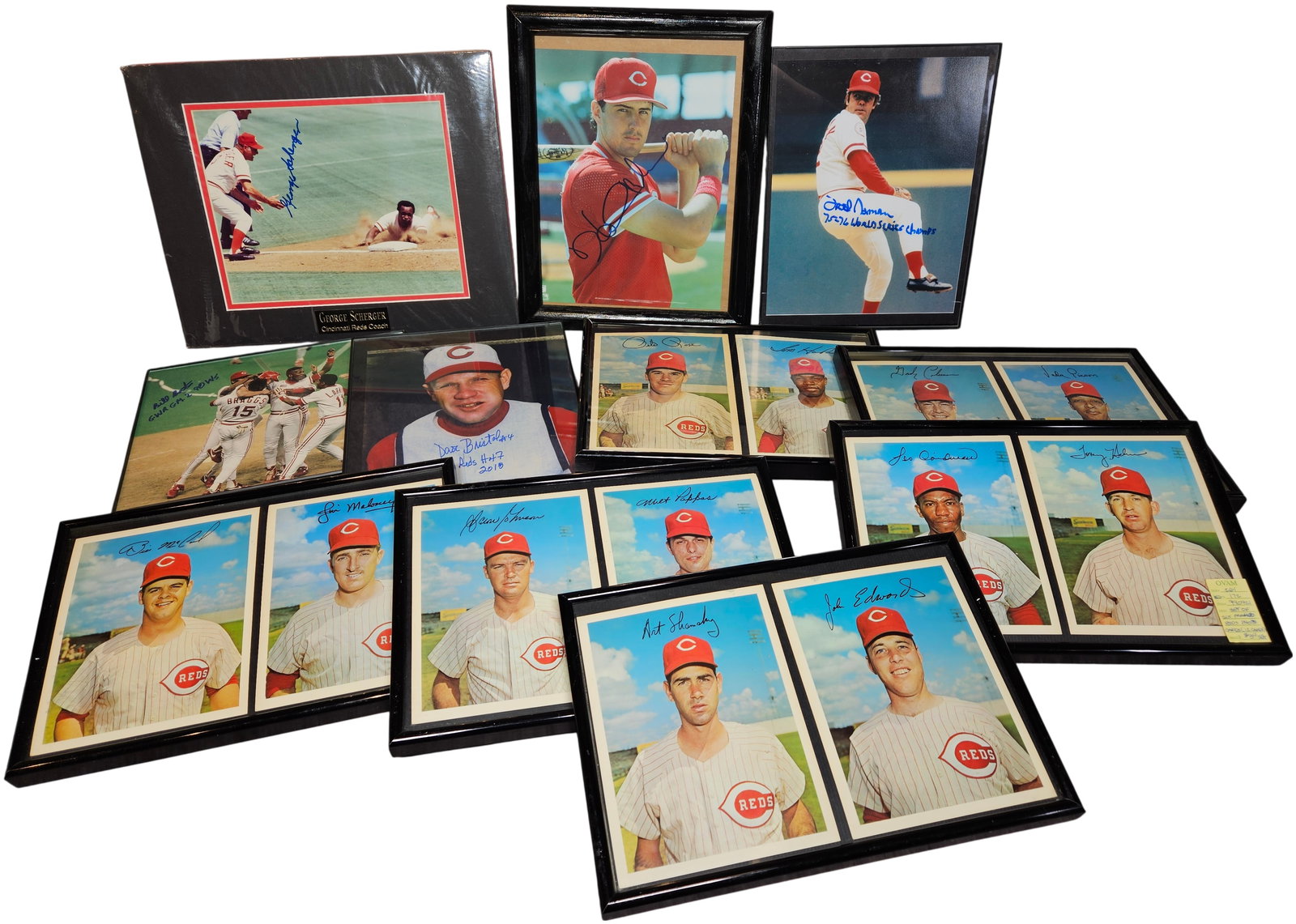 A Collection of Framed Cincinnati Reds Autographed Photographs and Photo Cards: This collection includes a group of framed pieces of Cincinnati Reds baseball memorabilia featuring a total of individual signatures. The group consists of standalone autographed photographs and a gro