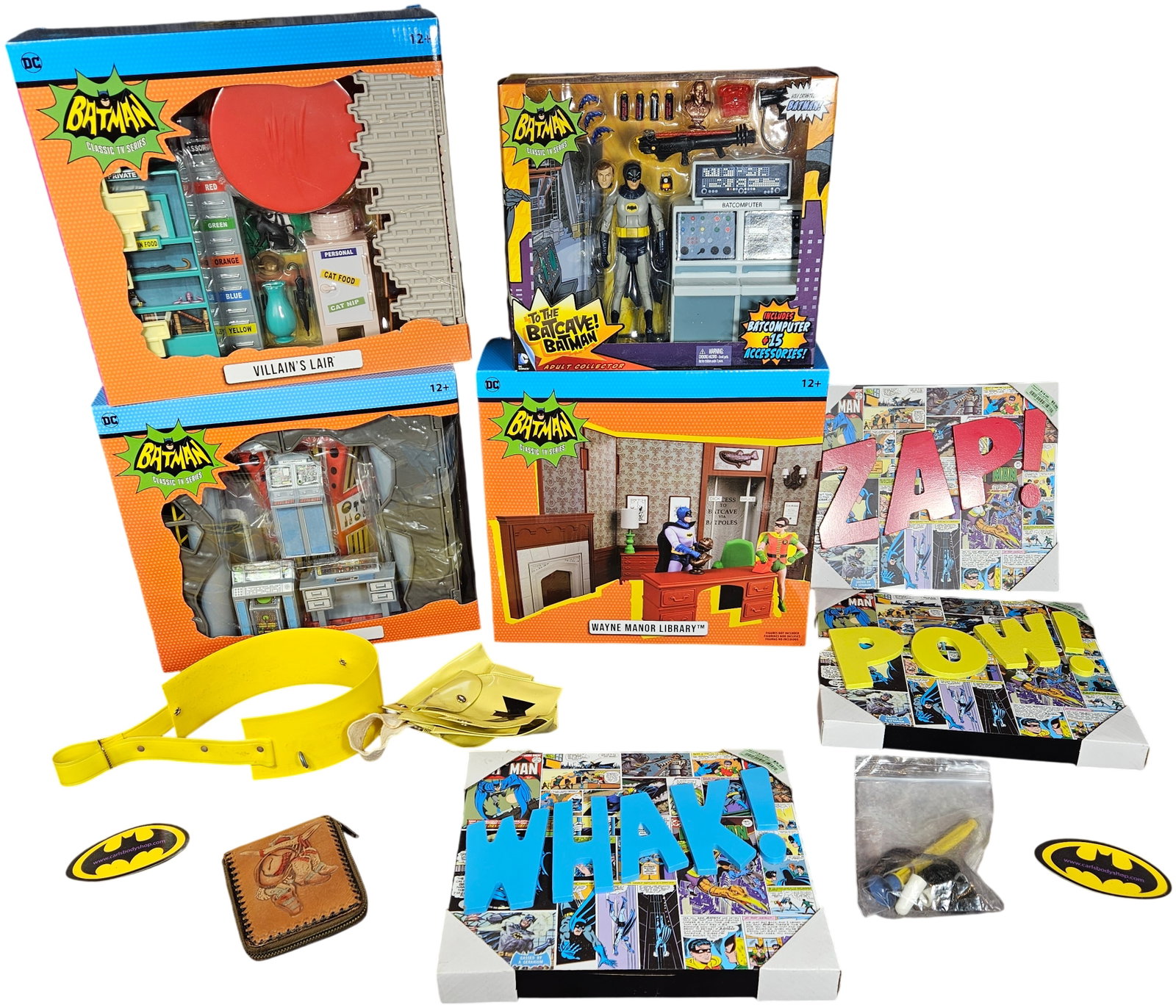 A Collection of Batman 1966 TV Series Playsets and Memorabilia including McFarlane and Mattel: This lot comprises a variety of toys and memorabilia primarily based on the classic 1966 Batman television series. Included are three boxed DC Retro playsets manufactured by McFarlane Toys: the Villai
