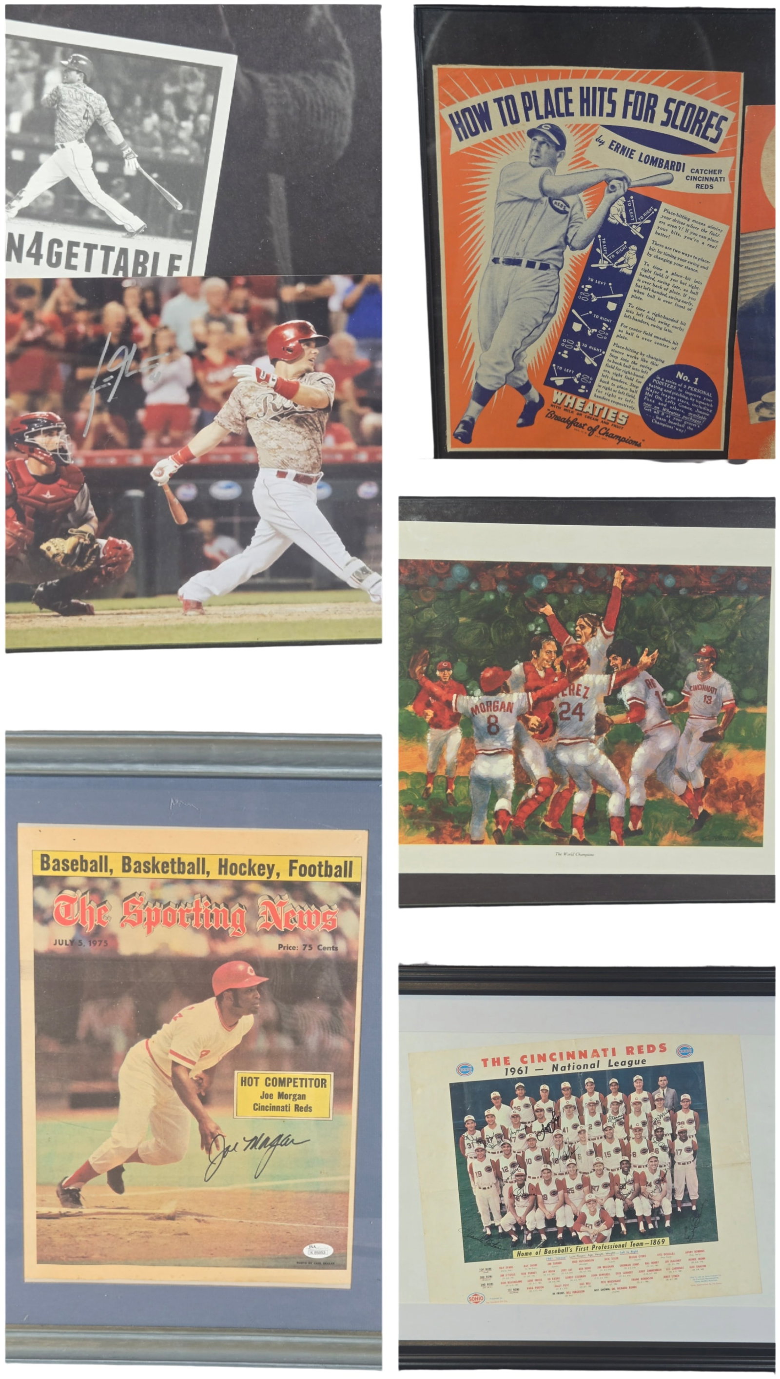 A Collection of Framed Cincinnati Reds Baseball Memorabilia and Autographed Items: An assortment of framed memorabilia pieces relating to the Cincinnati Reds baseball franchise, ranging from vintage promotional materials to modern commemorative collages. The first item is a vintage 