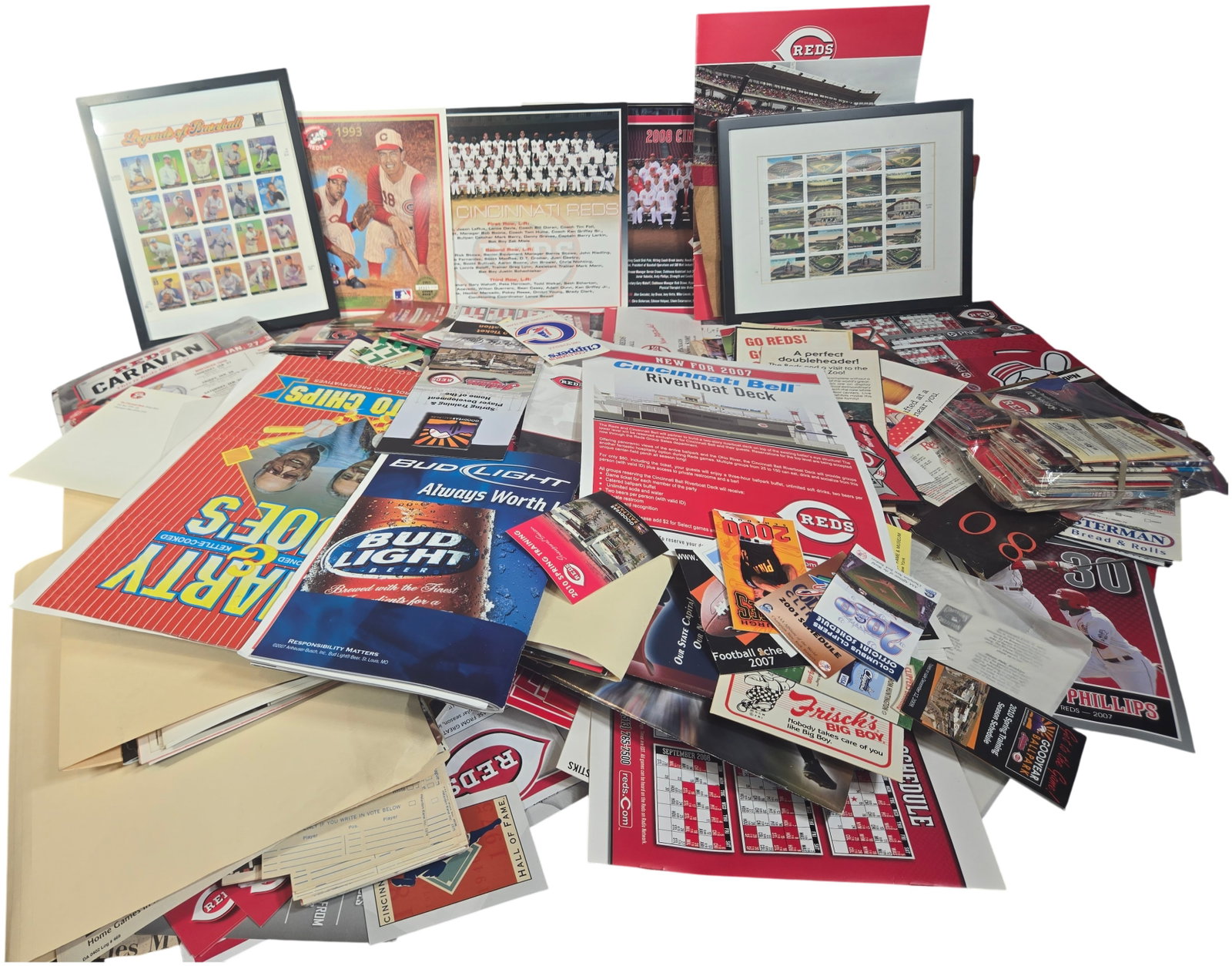 An Extensive Collection of Cincinnati Reds and Major League Baseball Memorabilia and Ephemera: An assortment of Cincinnati Reds and general baseball collectibles spanning the late 20th and early 21st centuries. Paper ephemera includes a 1988 Cincinnati Reds yearbook, a program for the 1986 Equi