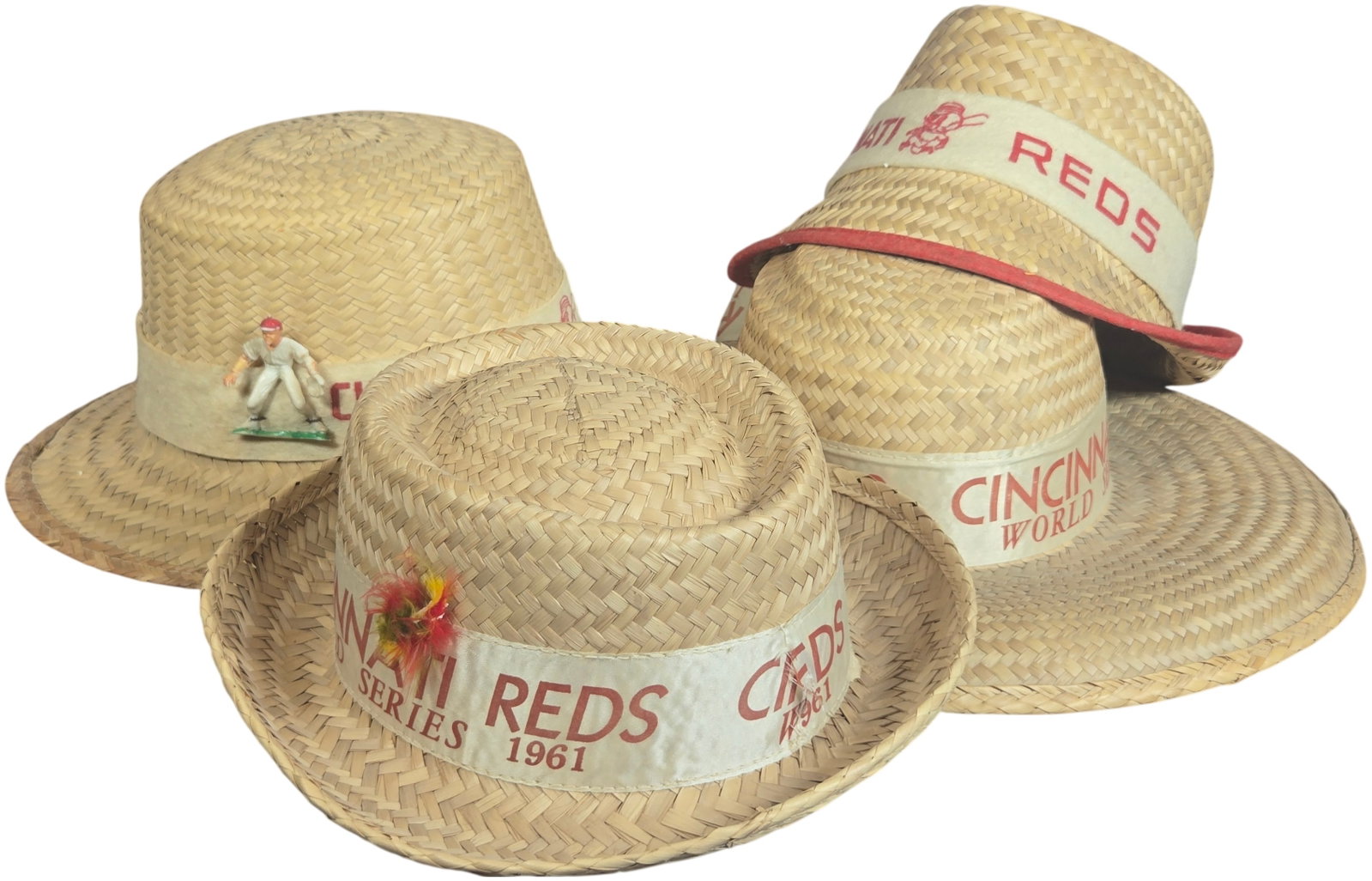 A Collection of Vintage Cincinnati Reds 1961 World Series Souvenir Straw Hats (1 of 6)