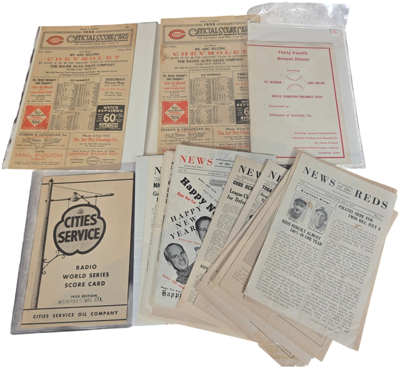 A Collection of Vintage Cincinnati Reds Baseball Ephemera and Newsletters: This collection of Cincinnati Reds and vintage baseball paper memorabilia includes various printed items spanning the 1930s to the 1970s. The group features identical 1933 Official Score Card sheets f