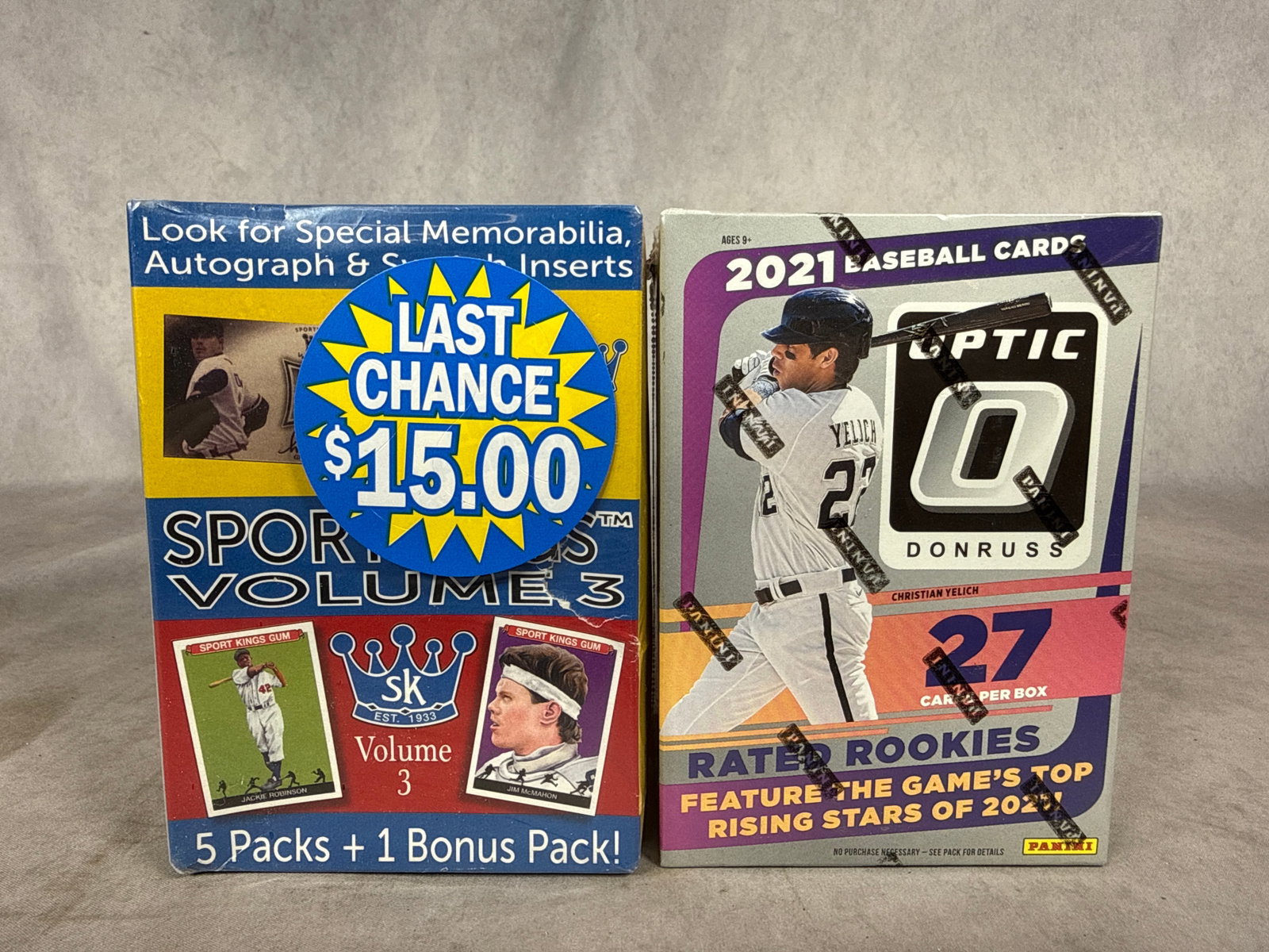 Factory Sealed Sports Trading Card Boxes Including 2021 Panini Donruss Optic Baseball and 2022: This lot features factory-sealed sports trading card product boxes. The first is a 2021 Panini Donruss Optic Baseball Blaster Box produced by Panini America, Inc. The packaging features Christian Yeli