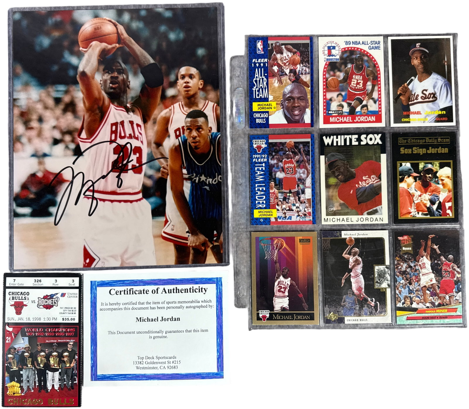 A Collection of Michael Jordan Memorabilia Including Autographed Photograph, Game Ticket Stub, and: This lot features a group of Michael Jordan memorabilia items centered on his career with the Chicago Bulls and Chicago White Sox. The primary item is a color 8 inch by 10 inch photograph of Michael J