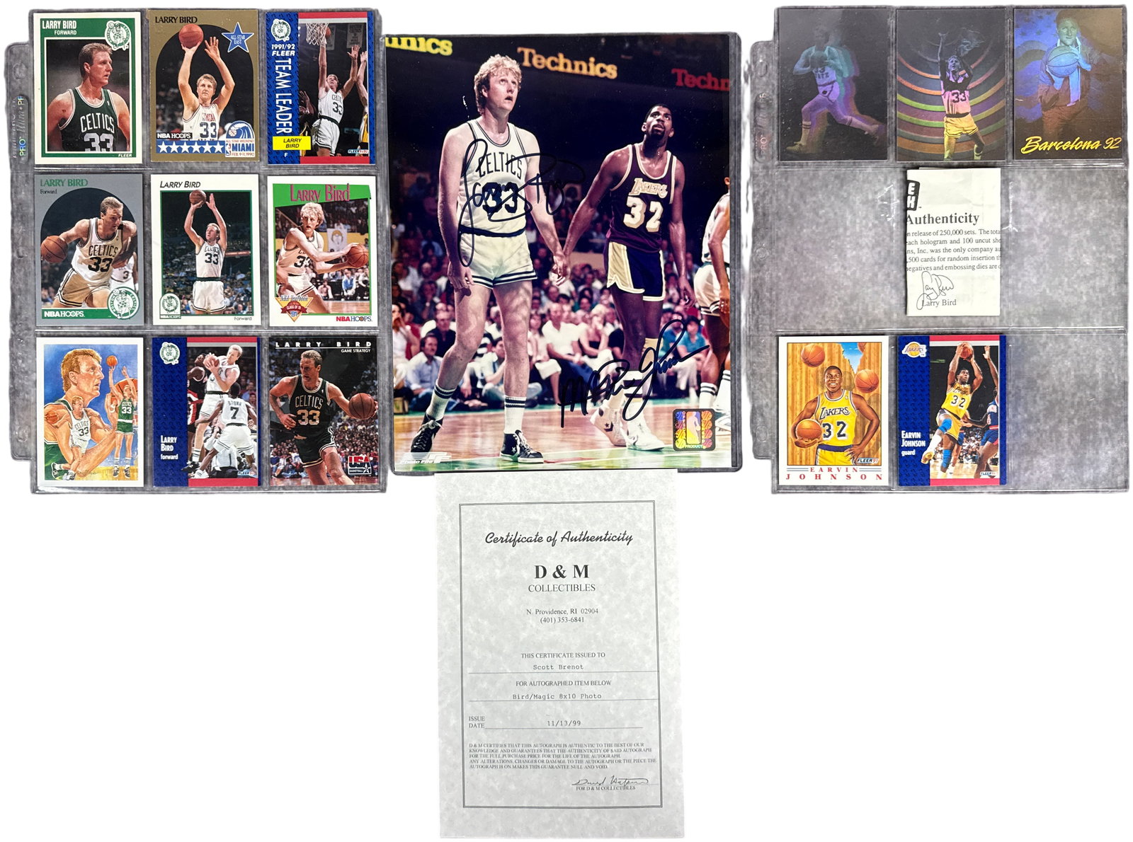 Larry Bird and Magic Johnson Dual-Signed Photograph and Basketball Trading Card Collection: This lot features a collection of professional basketball memorabilia centered on NBA legends Larry Bird and Earvin Magic Johnson. The primary item is an 8x10-inch color photograph of Bird and Johnson