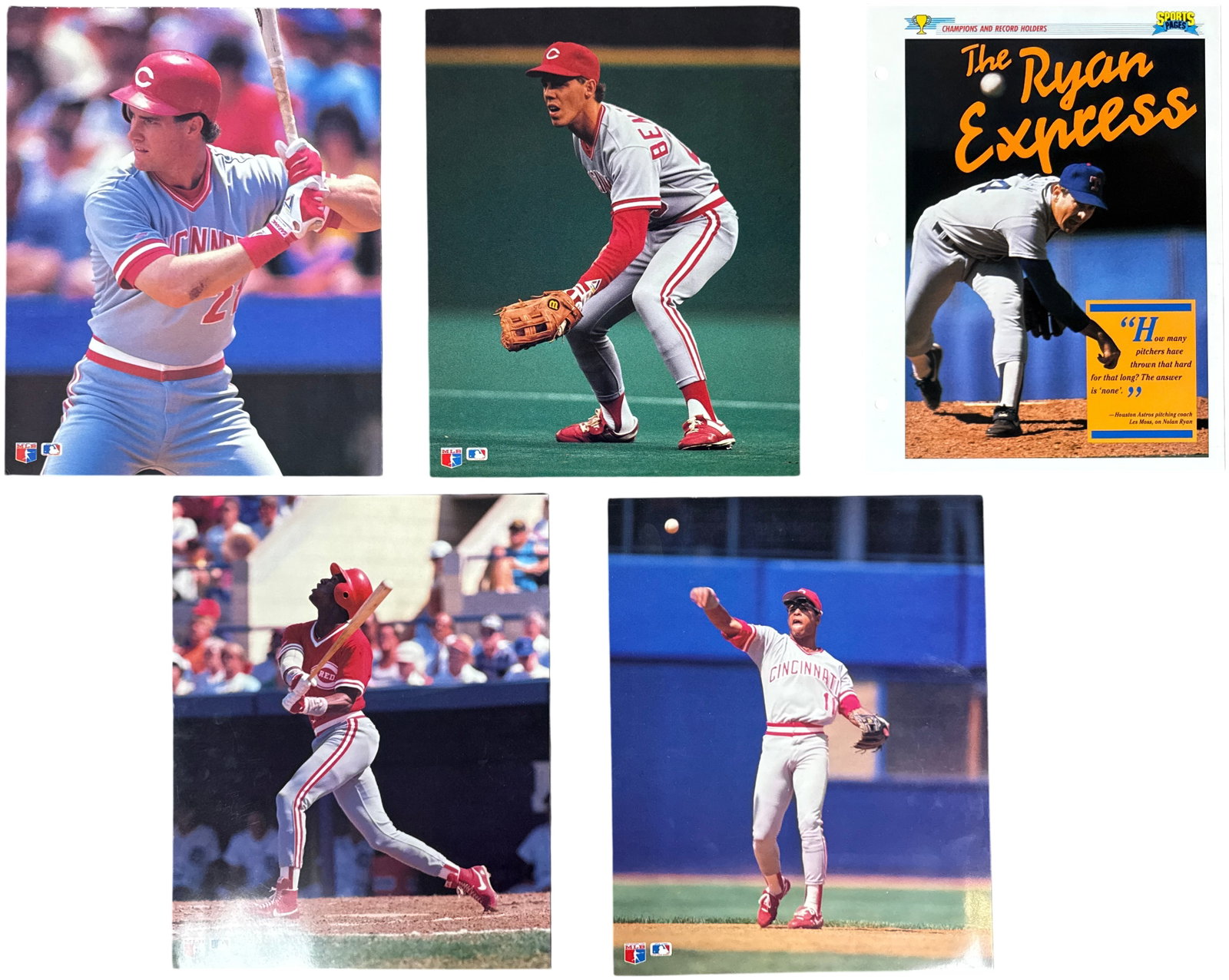 A Collection of Vintage Baseball Player Photo Prints and Informational Sheet: This collection consists of items including a group of glossy color photo prints of Cincinnati Reds players and one three-hole punched informational sheet featuring Nolan Ryan. The four photo prints, 