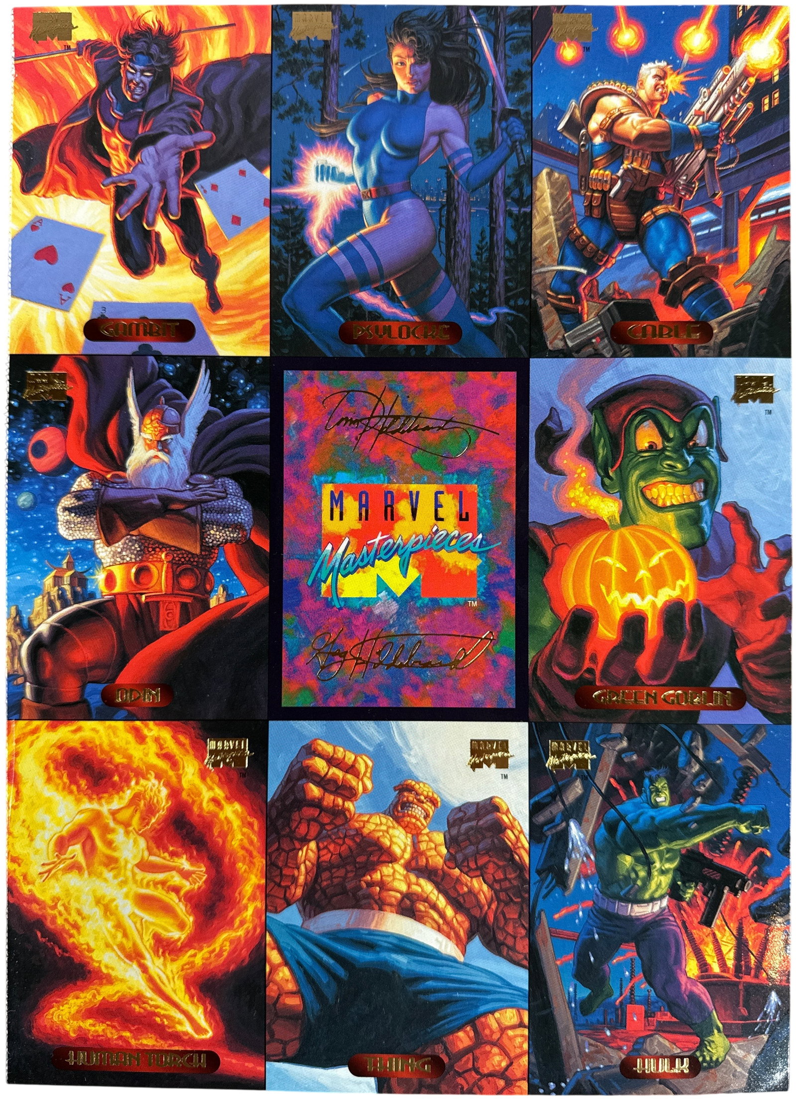 1994 Fleer Marvel Masterpieces 9-Card Uncut Promotional Sheet Hildebrandt Brothers: This is an uncut nine-card promotional sheet for the 1994 Fleer Marvel Masterpieces trading card set, featuring artwork by the renowned fantasy artists Greg and Tim Hildebrandt. The sheet is organized