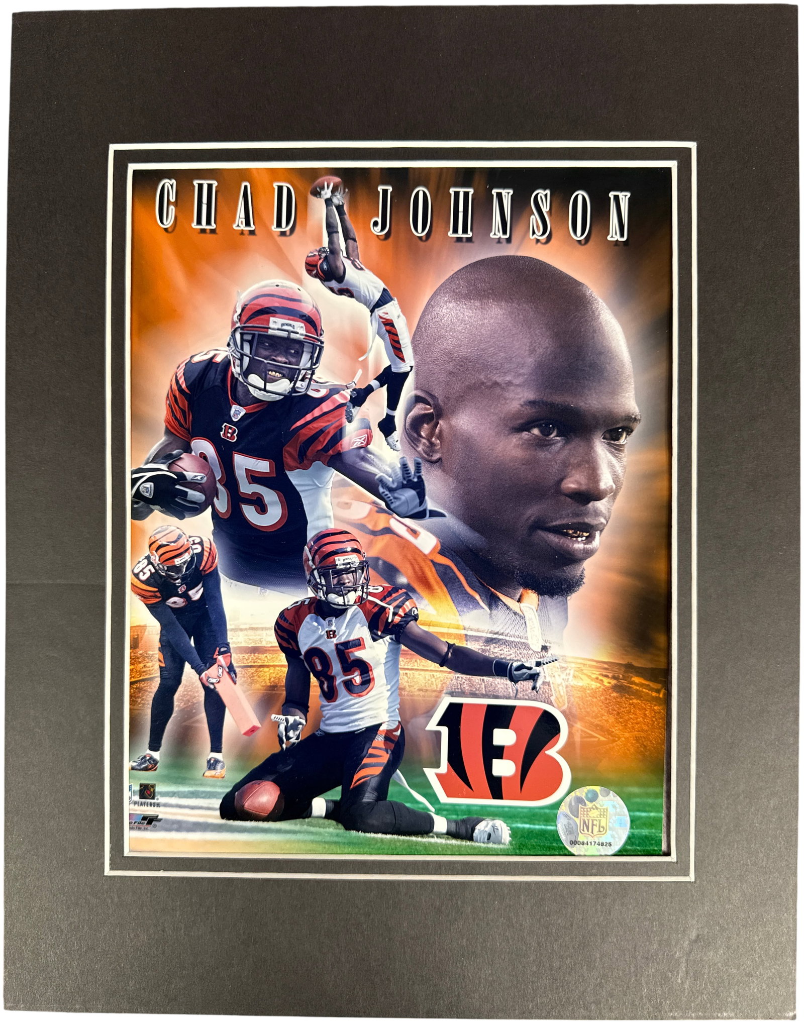 Chad Johnson Cincinnati Bengals NFL Licensed Matted 8x10 Collage Photograph: This custom matted color photograph collage features Cincinnati Bengals wide receiver Chad Johnson. The composition includes a large background portrait headshot alongside multiple action shots. The a