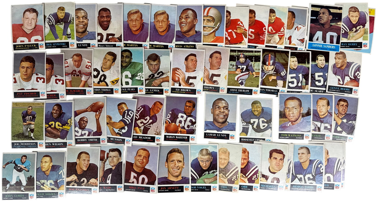 A Collection of 1964 Philadelphia Gum NFL Football Trading Cards: This collection consists of vintage American football trading cards from the 1964 Philadelphia Gum set. Produced for the National Football League, these cards are characterized by a centered player po