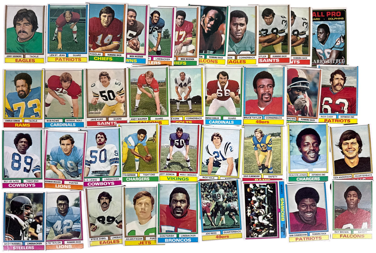 A Collection of Vintage 1974 Topps Football Trading Cards Including Larry Little and Deacon Jones: A collection of vintage American football trading cards from the 1974 Topps set. Each card features the iconic goalpost frame design with bold, color-coded team name bars at the bottom. This assortmen