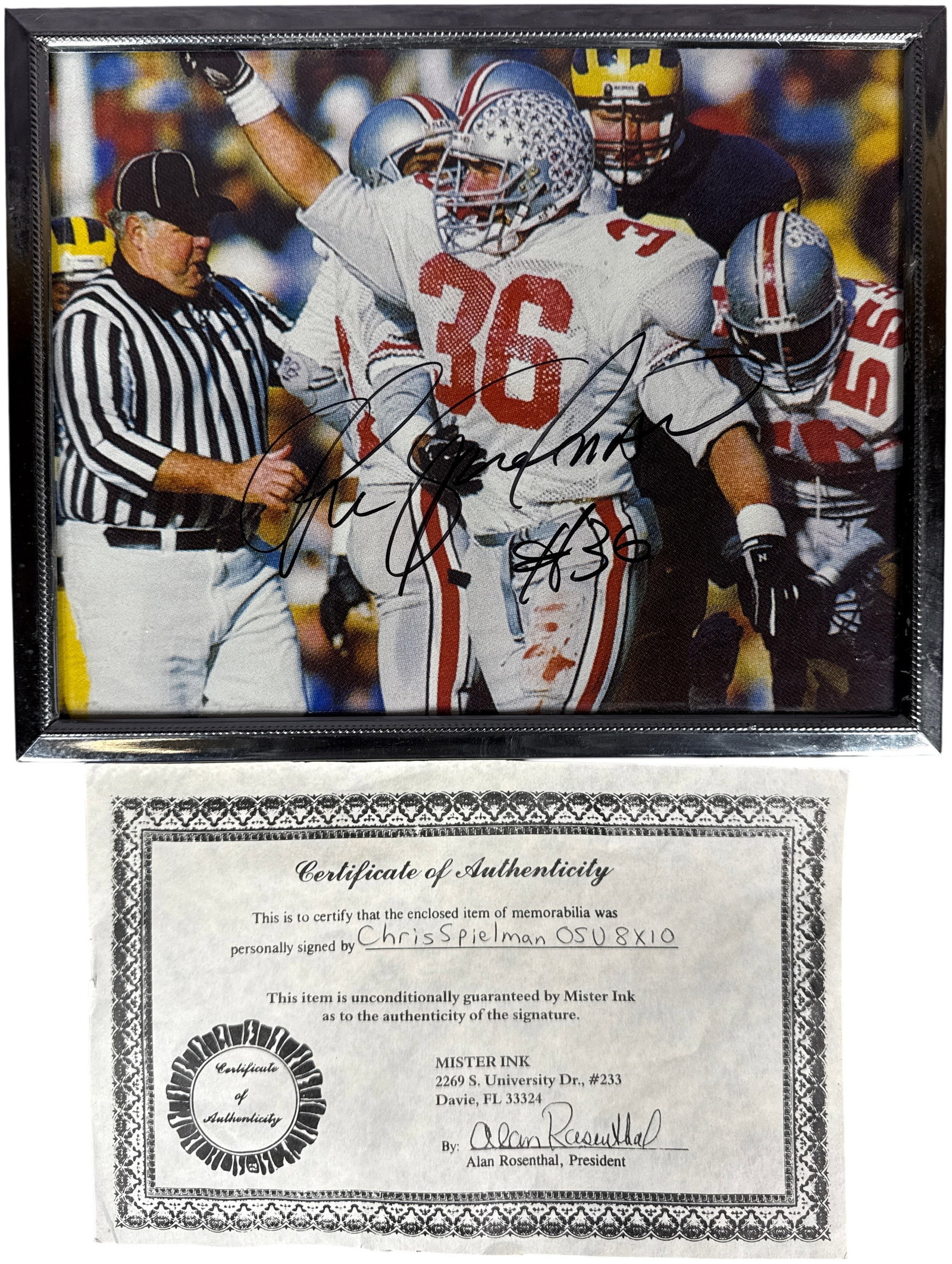 Chris Spielman Signed Ohio State Buckeyes 8x10 Football Photograph with Certificate of Authenticity: Hand-signed color photograph featuring former Ohio State Buckeyes linebacker Chris Spielman, who wore jersey number 36. The image captures a game-action moment where Spielman is celebrating on the fie