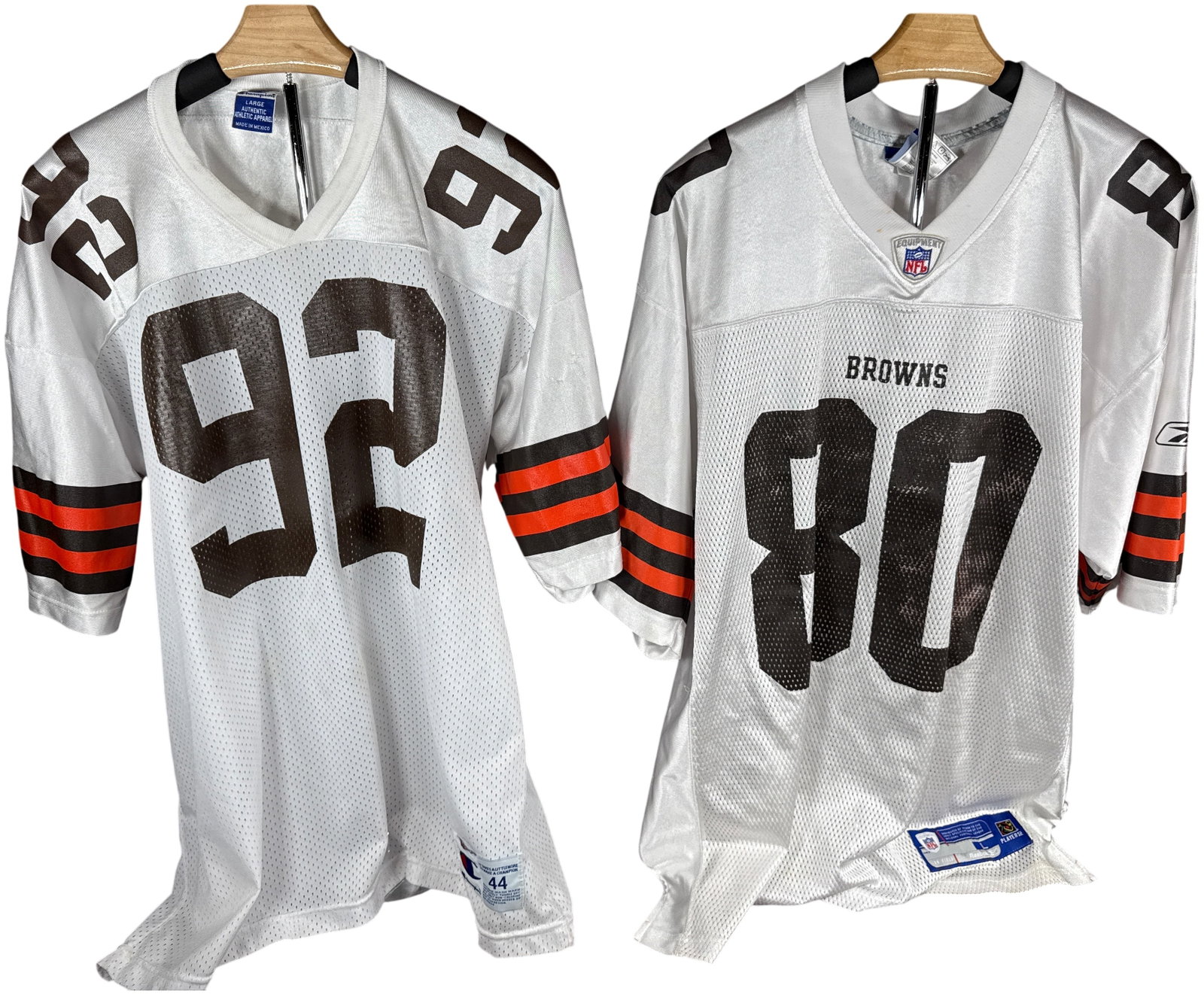Cleveland Browns White Road Football Jerseys, Courtney Brown and Kellen Winslow: This lot features two vintage Cleveland Browns NFL football jerseys in the white road uniform style from the early 2000s. The first jersey is manufactured by Champion for defensive end Courtney Brown,