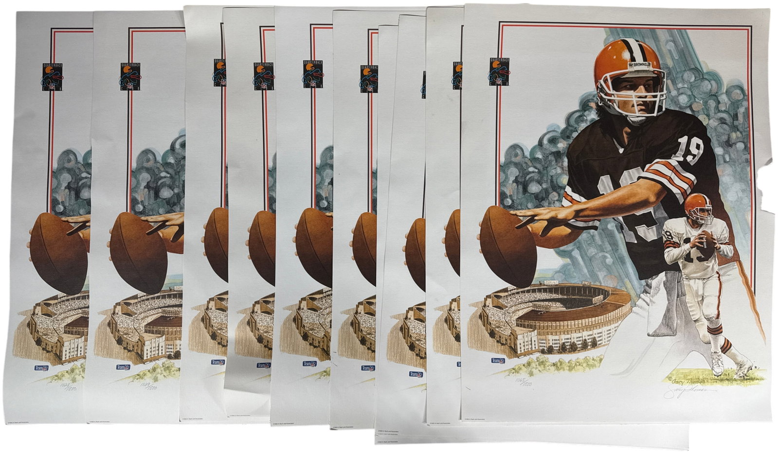 A Collection of Limited Edition Cleveland Browns Bernie Kosar Sports Art Lithographs by Gary Thomas: This collection of sports art lithographs features Cleveland Browns quarterback Bernie Kosar and was produced for the NFL Quarterback Club. Each print is executed on textured paper and displays a comp