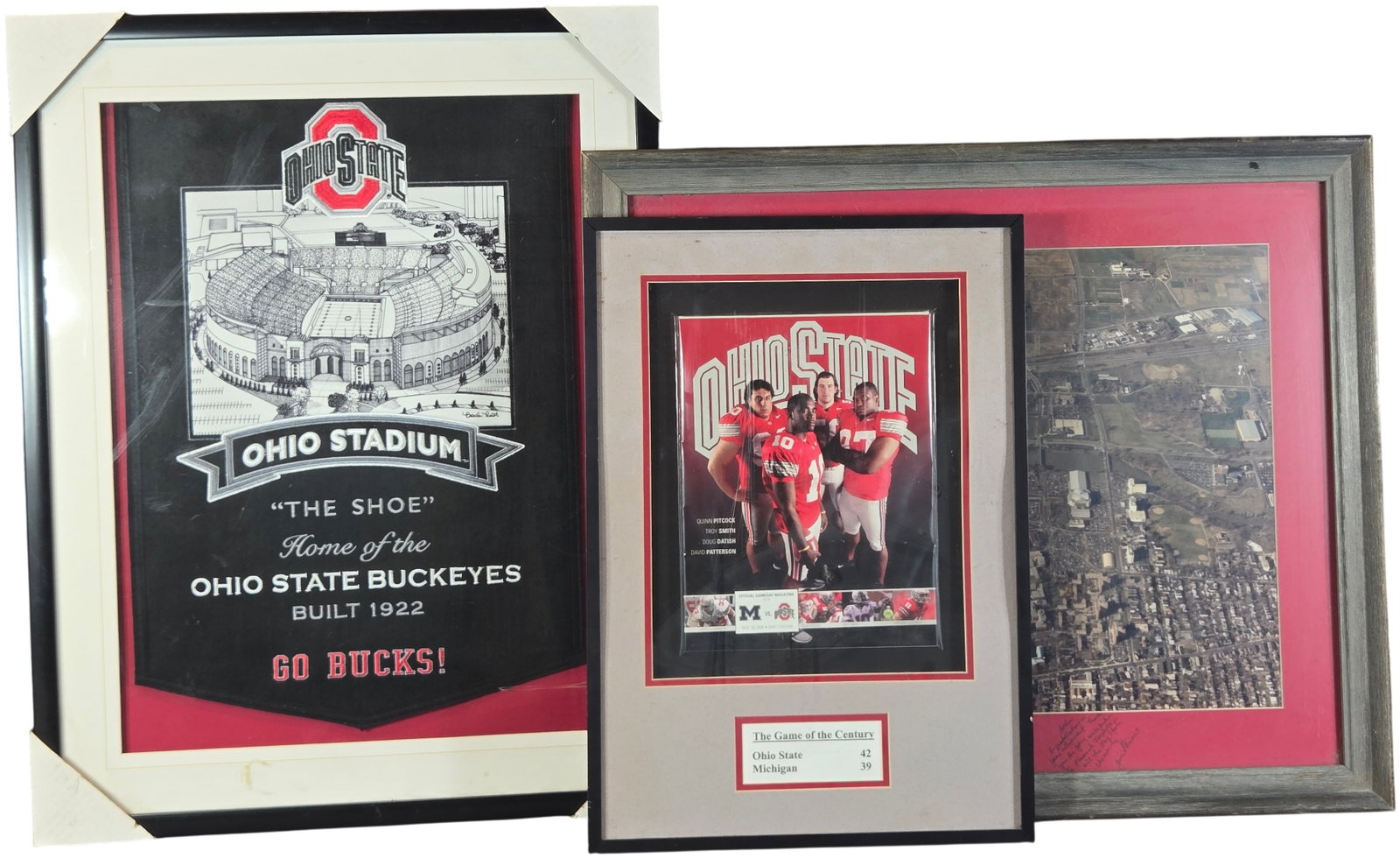 A Trio of Framed Ohio State Buckeyes and University Campus Memorabilia: This collection features professionally framed items pertaining to Ohio State University and the Buckeyes football program. The first item is a commemorative graphic styled like a pennant on a black b