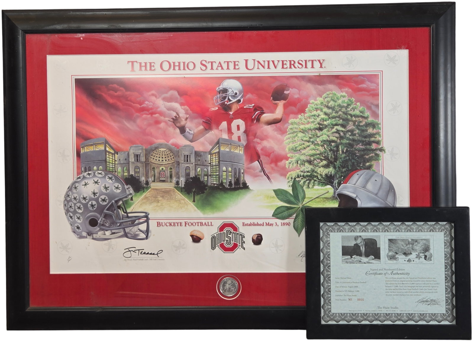 Ohio State University Buckeyes Jim Tressel and Michael Hunt Signed Limited Edition Lithograph A: Professionally framed and signed limited edition lithograph titled A Celebration of Buckeye Football by artist Michael Hunt. The central artwork depicts iconic Ohio State University imagery including 