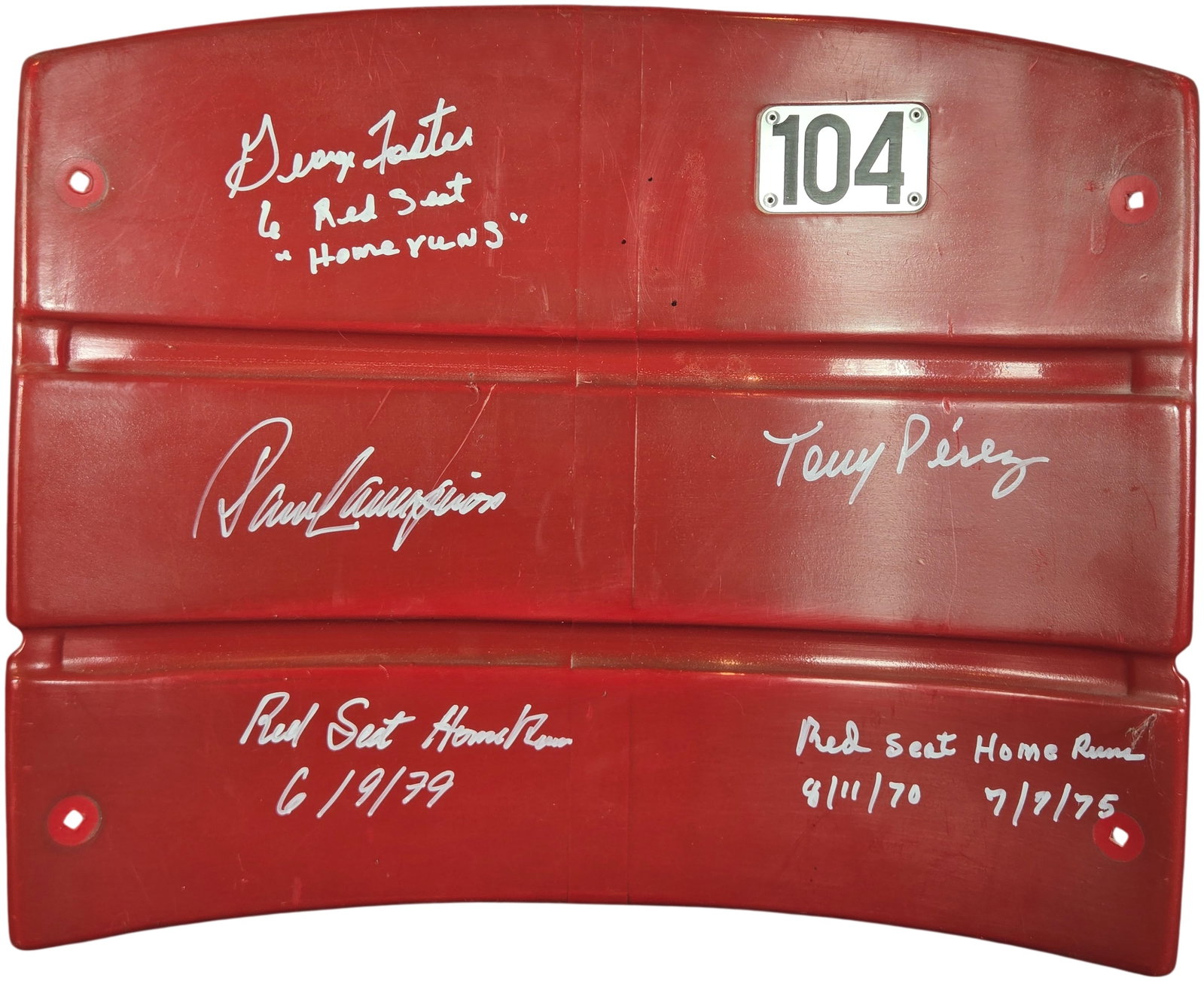 Autographed Cincinnati Reds Riverfront Stadium Seat Back Number 104 with Player Inscriptions: This red molded plastic seat back originated from Riverfront Stadium, the former home of the Cincinnati Reds. The item features several hand-signed signatures and inscriptions in white paint pen from 