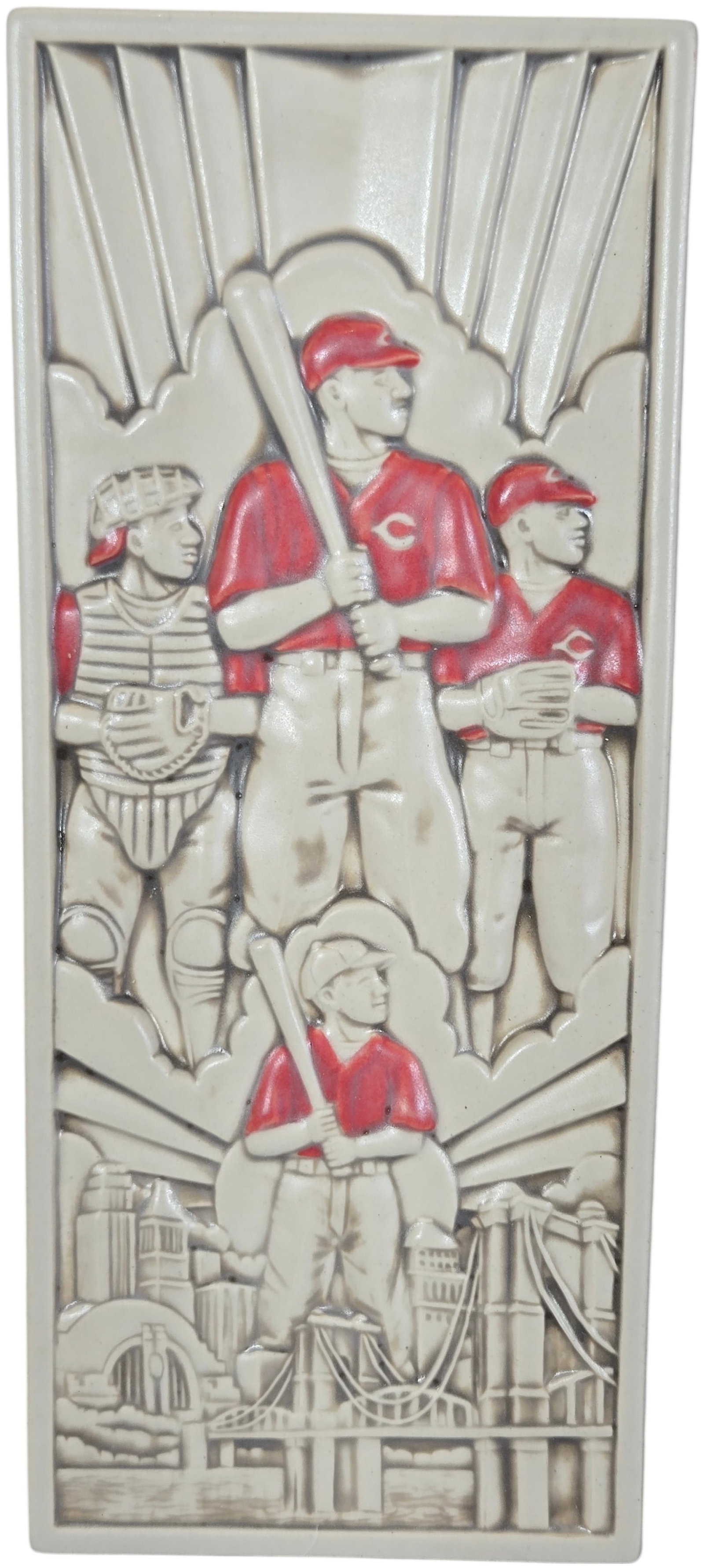 Rookwood Pottery Limited Edition Cincinnati Reds 2010 Opening Day Commemorative Relief Plaque: A limited edition ceramic commemorative relief plaque titled The Spirit of Baseball, manufactured by Rookwood Pottery. This piece was commissioned for the Cincinnati Reds 2010 Opening Day held at Grea