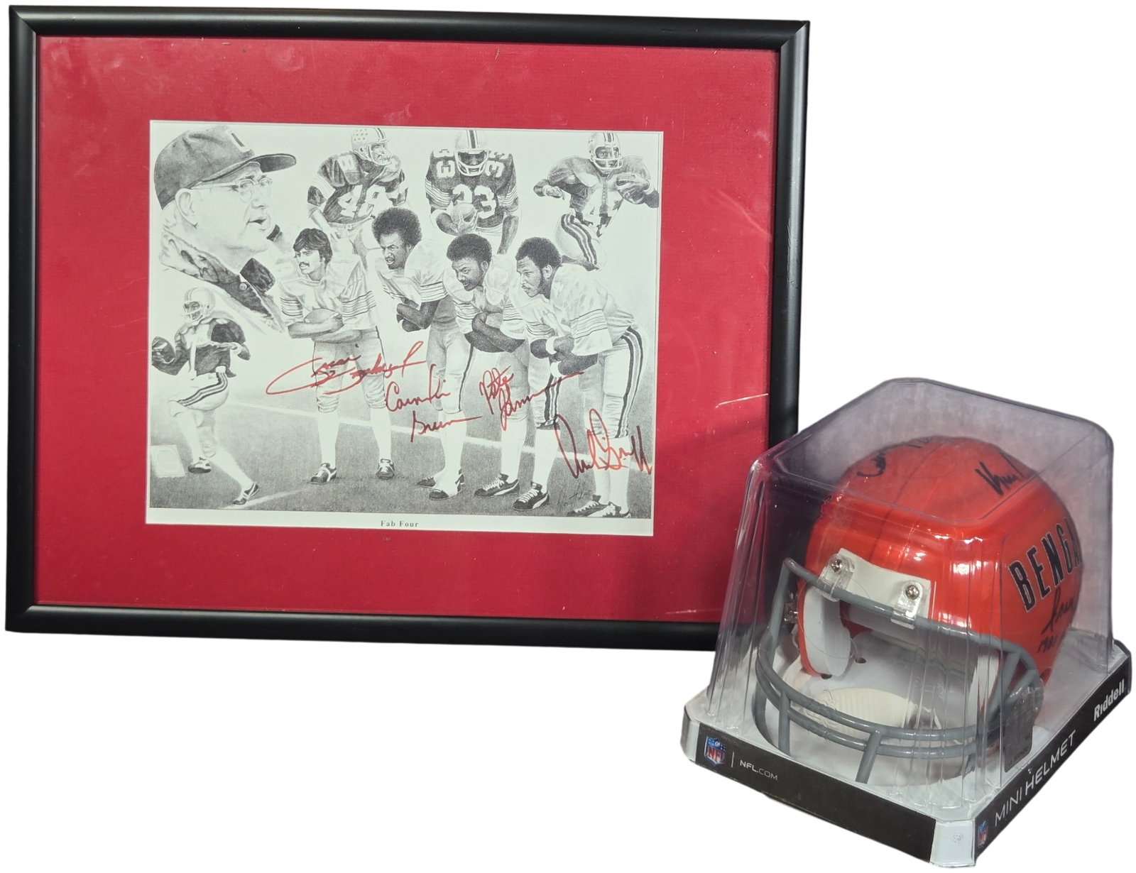 Cincinnati Bengals Autographed Items Including a Framed Fab A group of Art Print and a Multi-Signed: This lot features items of Cincinnati Bengals professional sports memorabilia. The first item is a framed autographed black and white composite illustration titled Fab Four at the bottom center. The p