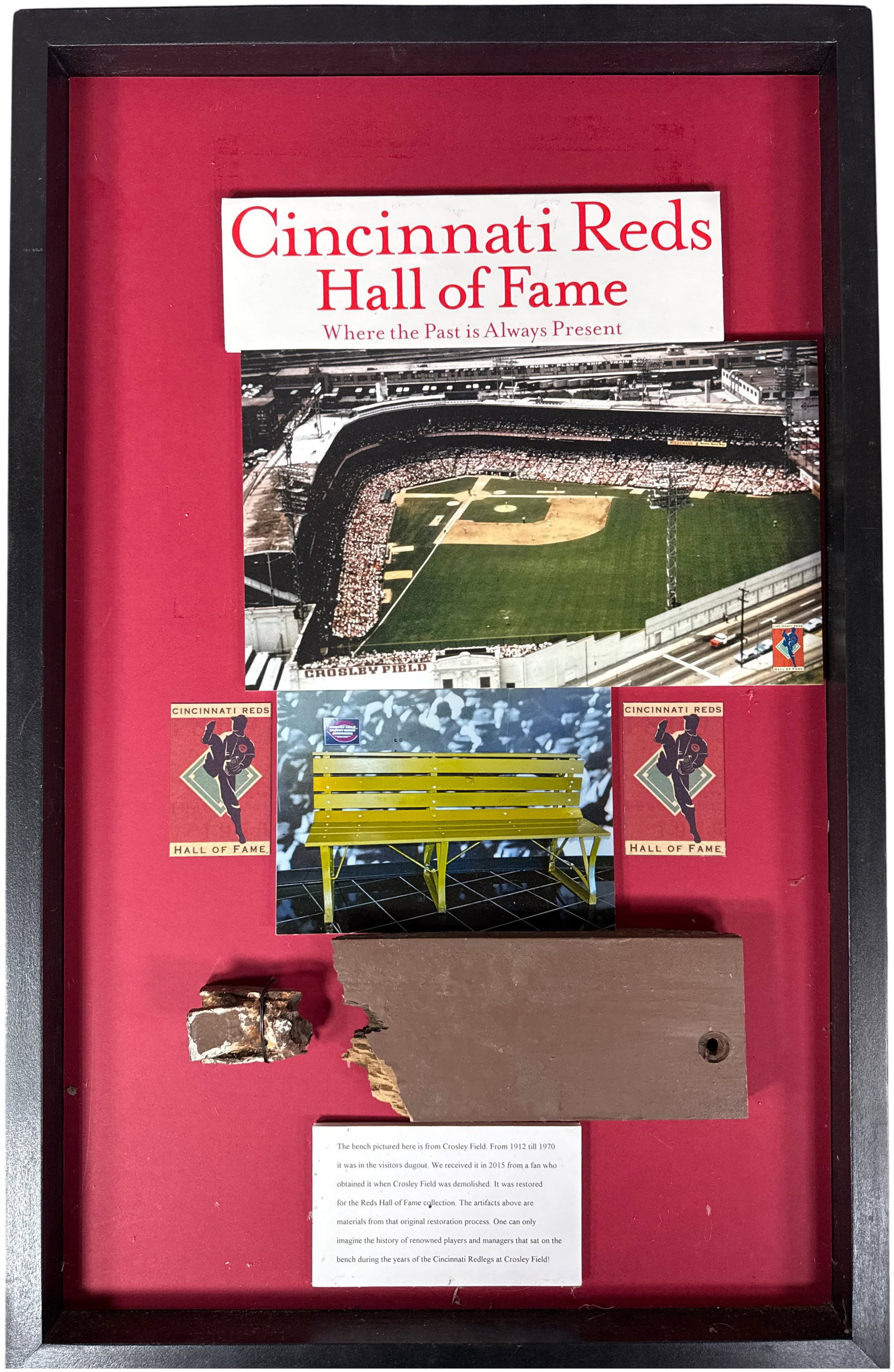Cincinnati Reds Hall of Fame Shadowbox Display with Authenticated Crosley Field Dugout Bench Wood (1 of 12)