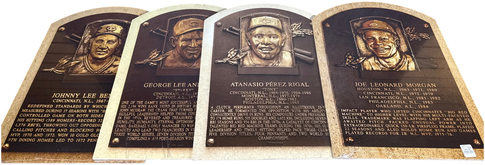 Set of Cincinnati Reds Big Red Machine Commemorative Hall of Fame Style Plaques: A set of contemporary commemorative baseball plaques honoring legendary members of the Cincinnati Reds Big Red Machine era. These plaques are designed to replicate the aesthetic of official National B