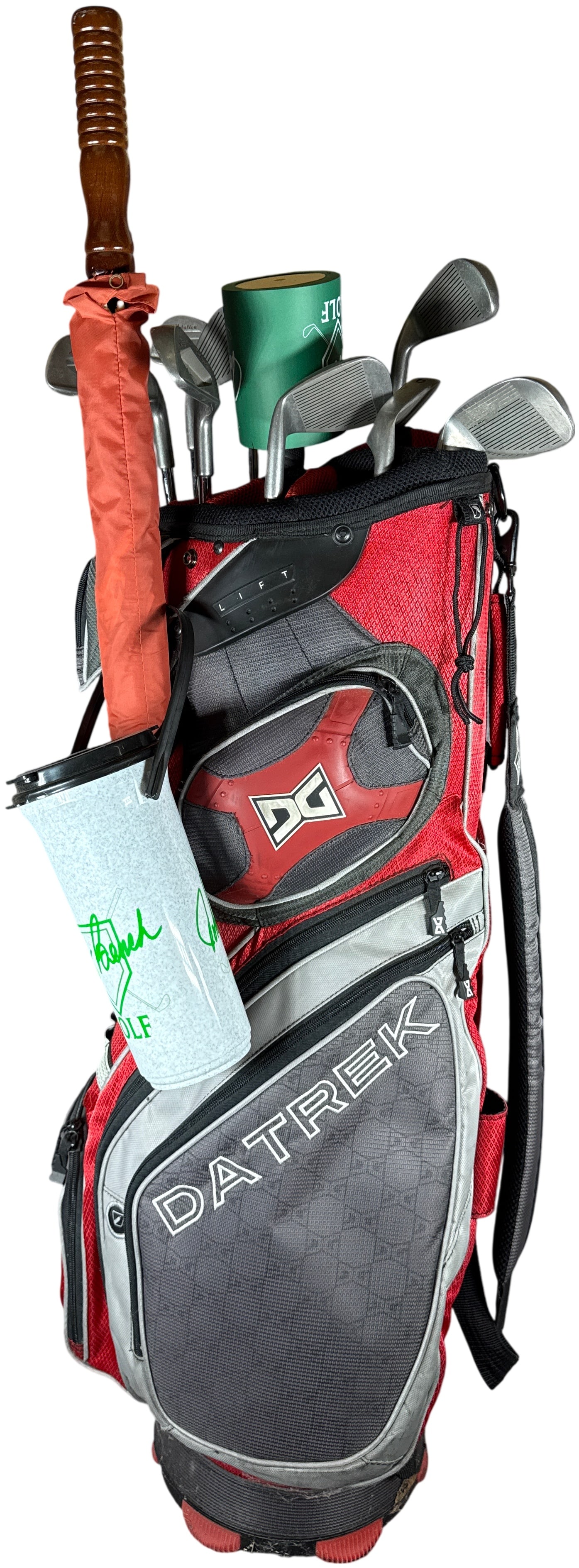 A Collection of Johnnie Bench Signature Rotation Balance Golf Irons with Datrek Cart Bag and: This collection features a set of steel-shafted irons from the Johnnie Bench signature line, identified as the Rotation Balance model. The club heads are of a cavity-back design with a matte metallic 