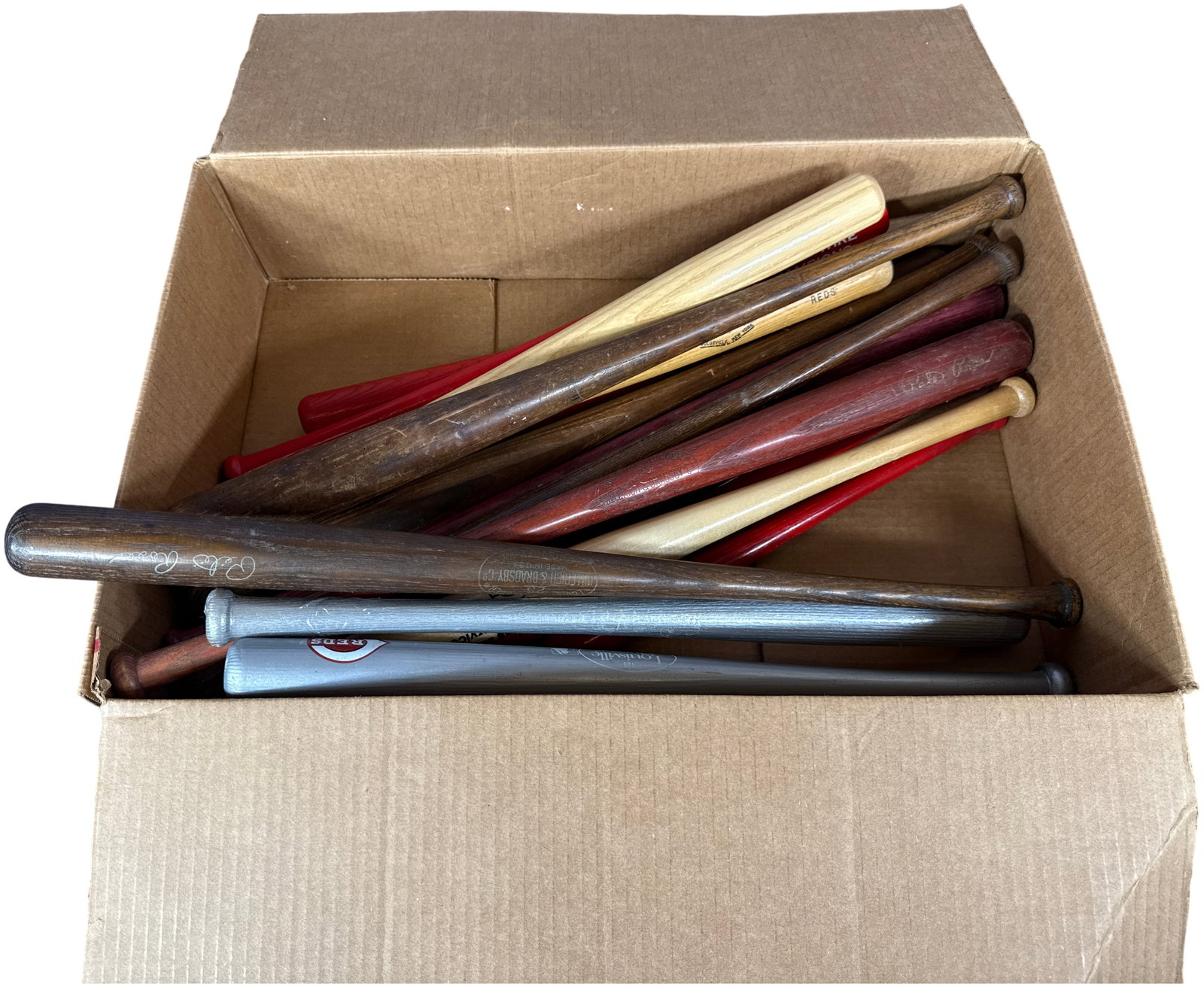 A Collection of Cincinnati Reds Commemorative and Promotional Baseball Mini-Bats: A diverse collection of commemorative and promotional baseball mini-bats primarily centered on the Cincinnati Reds. The group includes various Louisville Slugger and Adirondack bats in natural wood, r