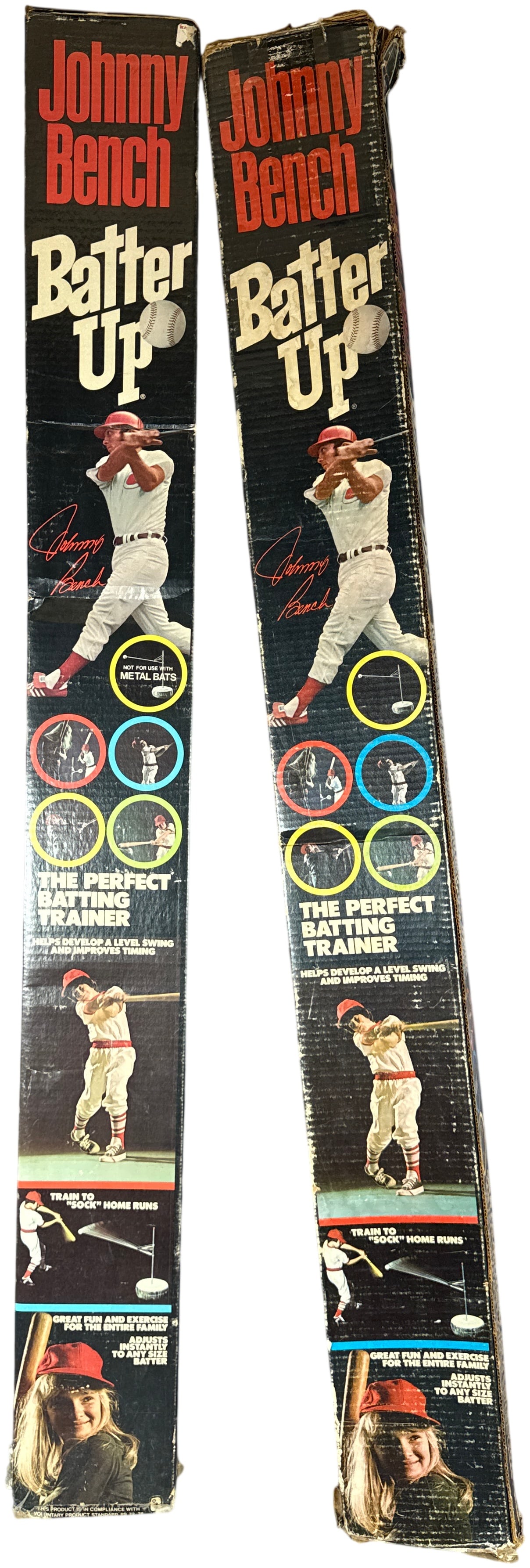 Vintage Johnny Bench Batter Up Batting Trainer with Original Boxes: This lot includes one vintage Johnny Bench Batter Up batting trainer and matching original illustrated retail boxes. The training device is constructed of a multi-part metal rod assembly with a wire-l