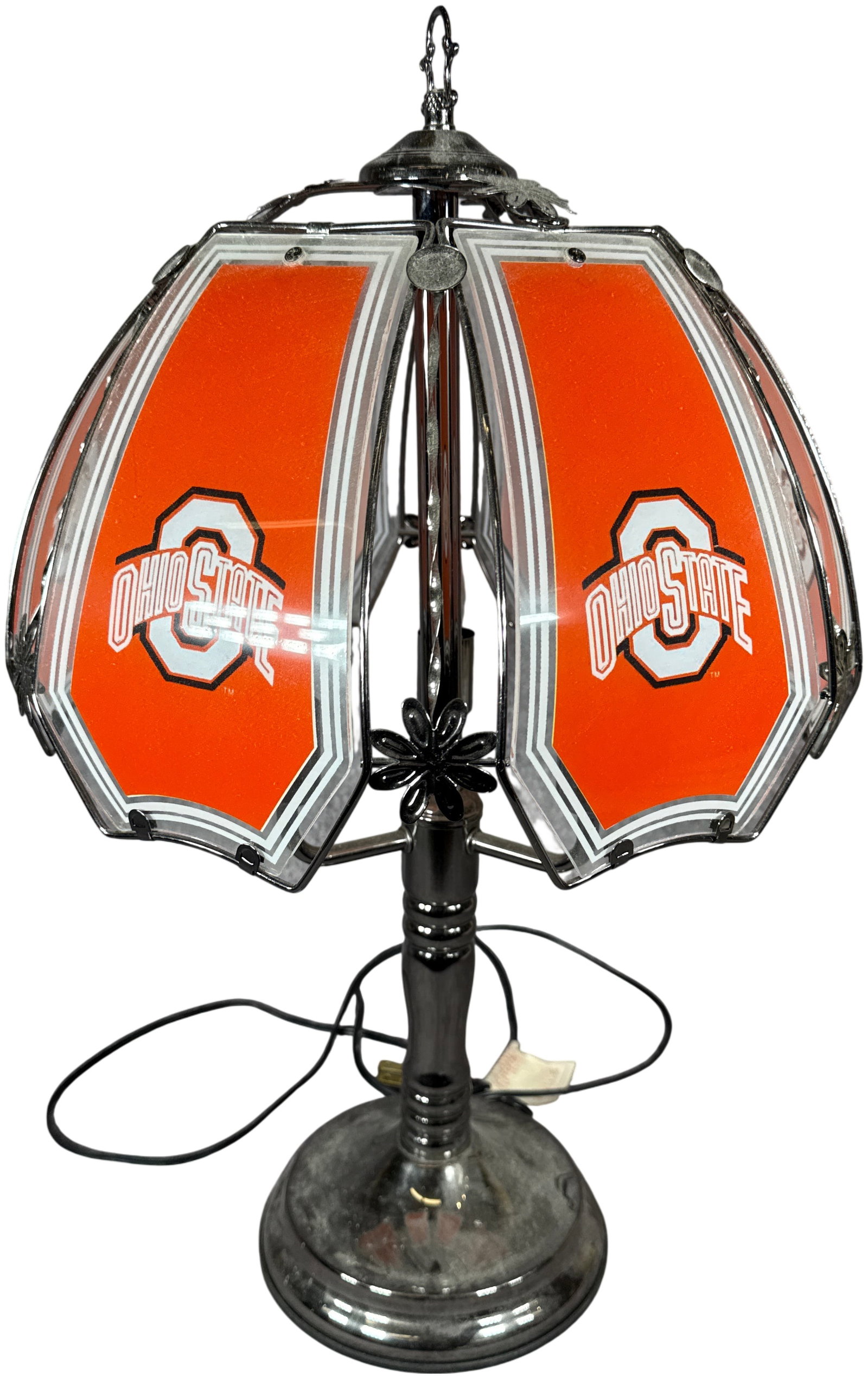 Ohio State Buckeyes Tiffany Style Three Light Metal and Glass Touch Lamp: An Ohio State University themed three-light table lamp featuring a six-panel glass shade. Each curved glass panel is decorated with the scarlet and gray university Block O logo with Ohio State text an