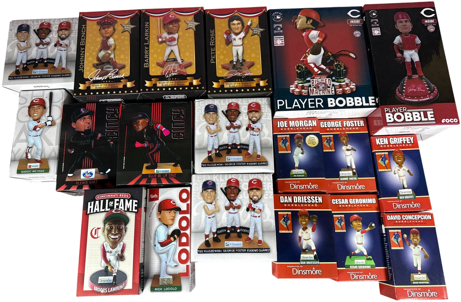 A Collection of Cincinnati Reds Bobblehead Memorabilia in Original Packaging: This collection of Cincinnati Reds bobblehead figurines features various promotional and retail series representing franchise legends and modern players. The assortment includes the Stars of the Queen