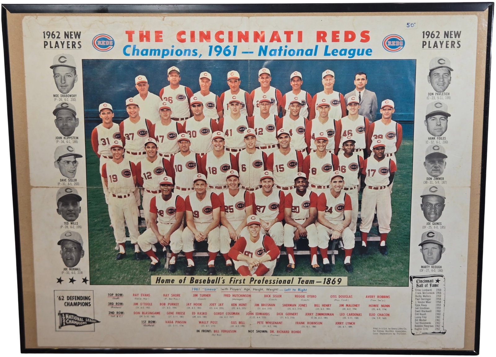 A Group of Framed Cincinnati Reds Baseball Commemorative Displays Including Signed Memorabilia: This assortment consists of framed items celebrating the history of the Cincinnati Reds from 1940 through 1989. The first item is a 1962 promotional team poster commemorating the 1961 National League 
