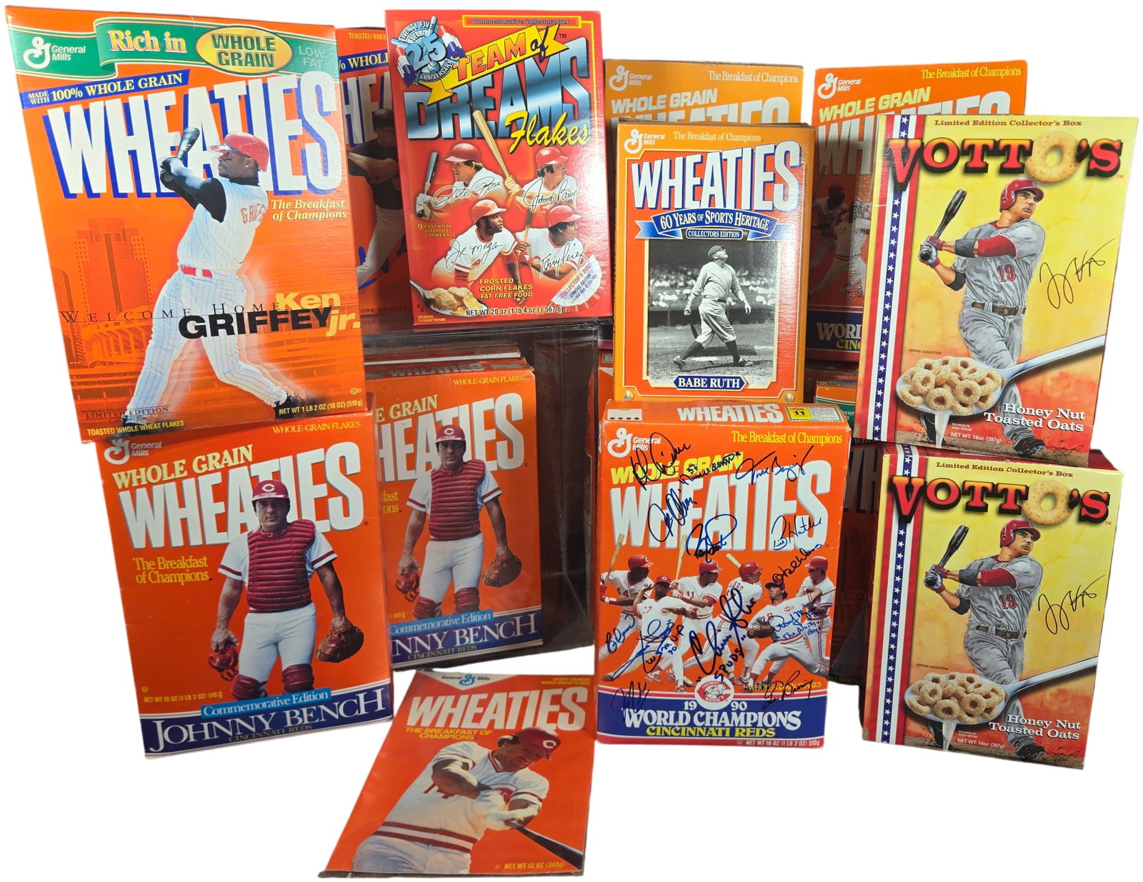 A Collection of Vintage and Modern Baseball-Themed Cereal Boxes featuring the Cincinnati Reds and: This group consists of vintage and modern baseball-themed cereal boxes, including Wheaties by General Mills, Vottos Honey Nut Toasted Oats, and Team of Dreams Flakes. The collection focuses on the Cin
