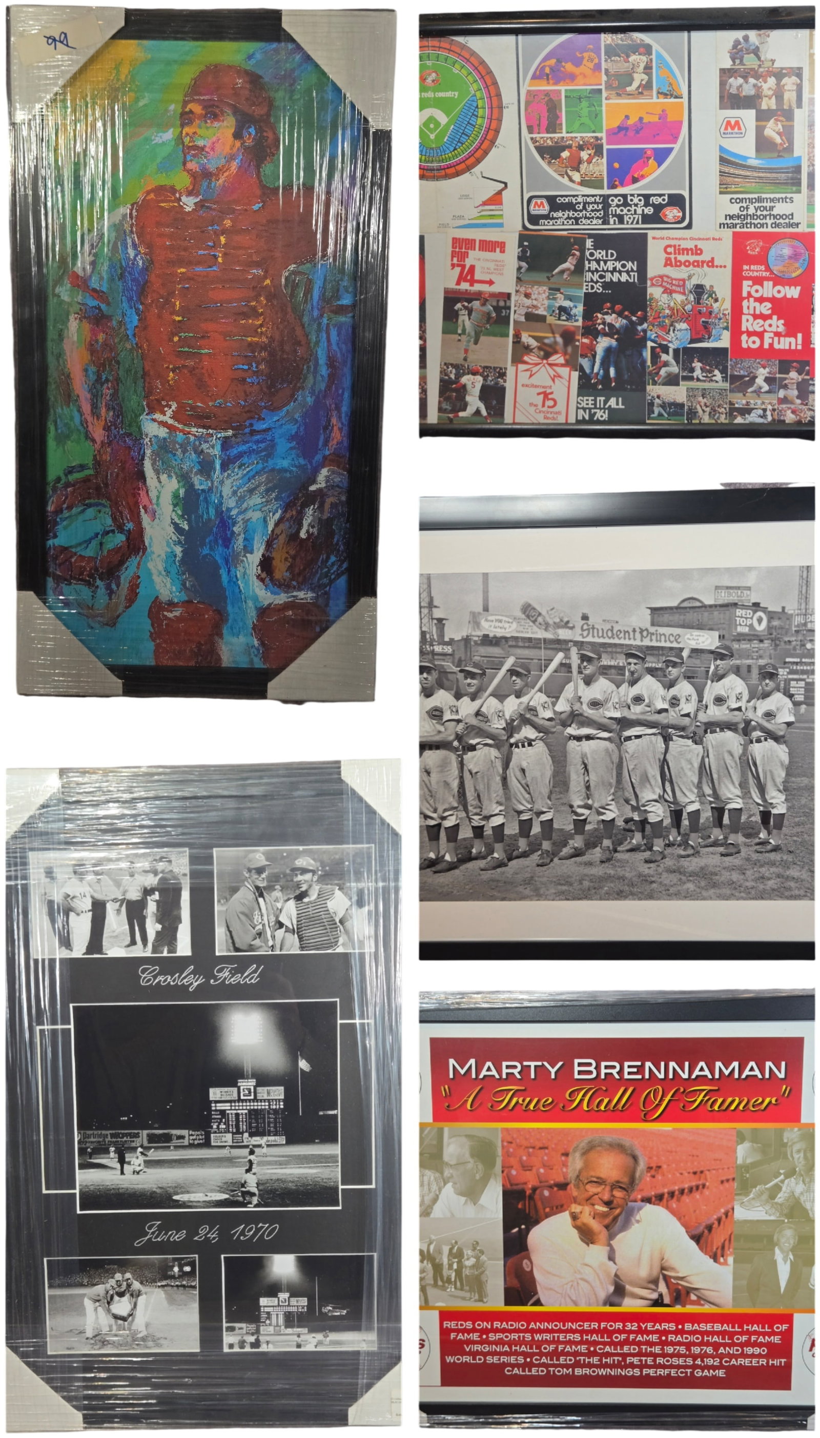 A Collection of Framed Cincinnati Reds Sports Memorabilia and Art Items: This collection consists of framed items of sports memorabilia and artwork focused on the Cincinnati Reds. The first item is an expressive, multi-colored impasto-style print of a baseball catcher in f