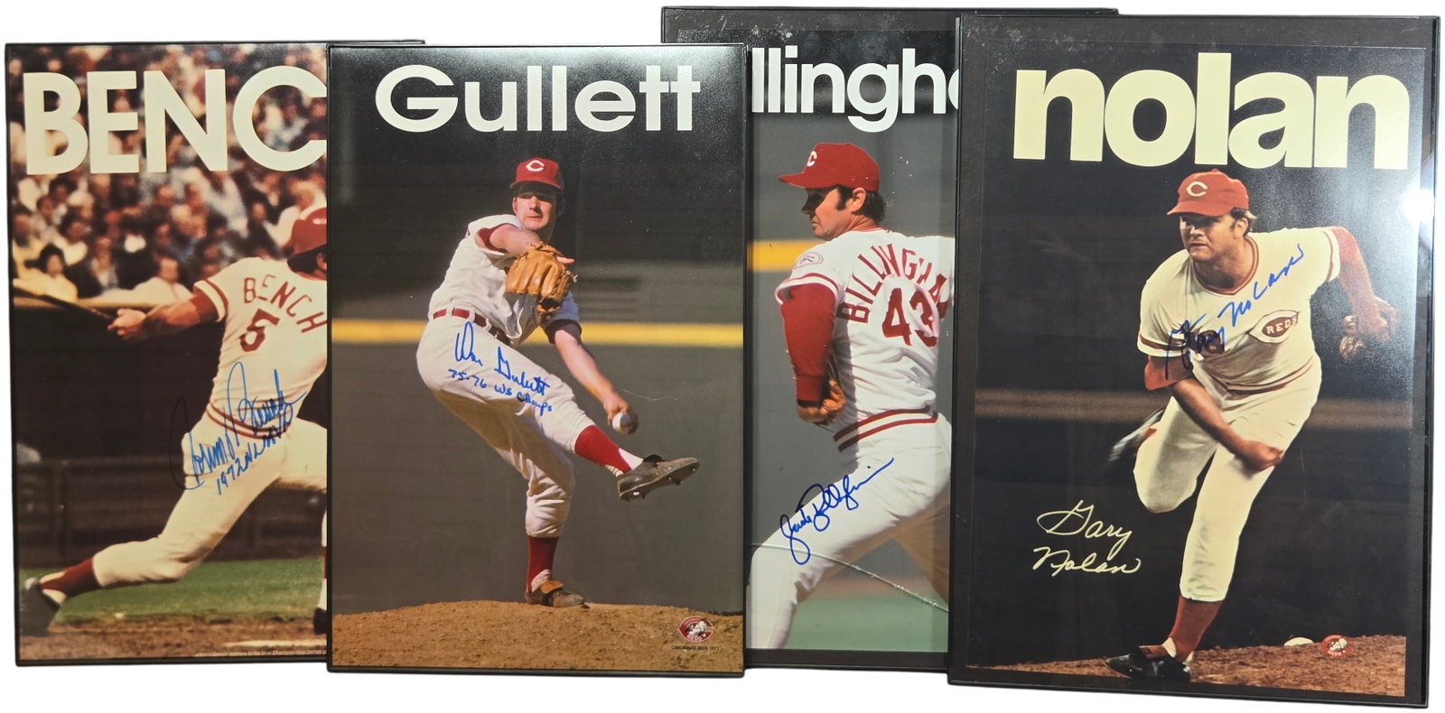 A Set of Cincinnati Reds Autographed Official Team-Issued Photographs: A set of official team-issued oversized action photographs featuring players from the Cincinnati Reds 1970s Big Red Machine era. The collection includes Hall of Fame catcher Johnny Bench and pitchers 