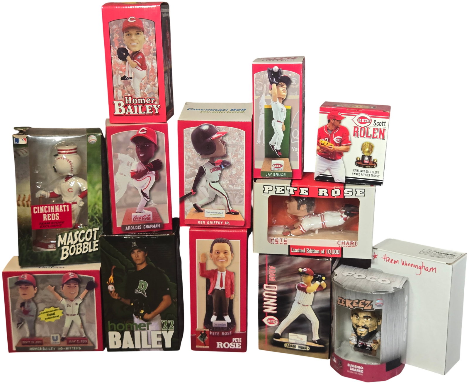 A group of Cincinnati Reds Baseball Bobbleheads and Figurines Including Pete Rose and Ken Griffey Jr (1 of 12)