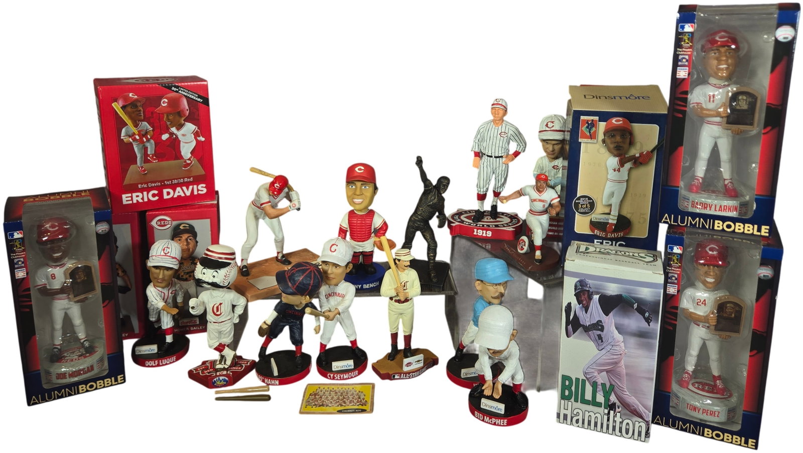 An Assortment of Cincinnati Reds Baseball Bobbleheads, Figurines, and 1961 Topps Team Card (1 of 8)