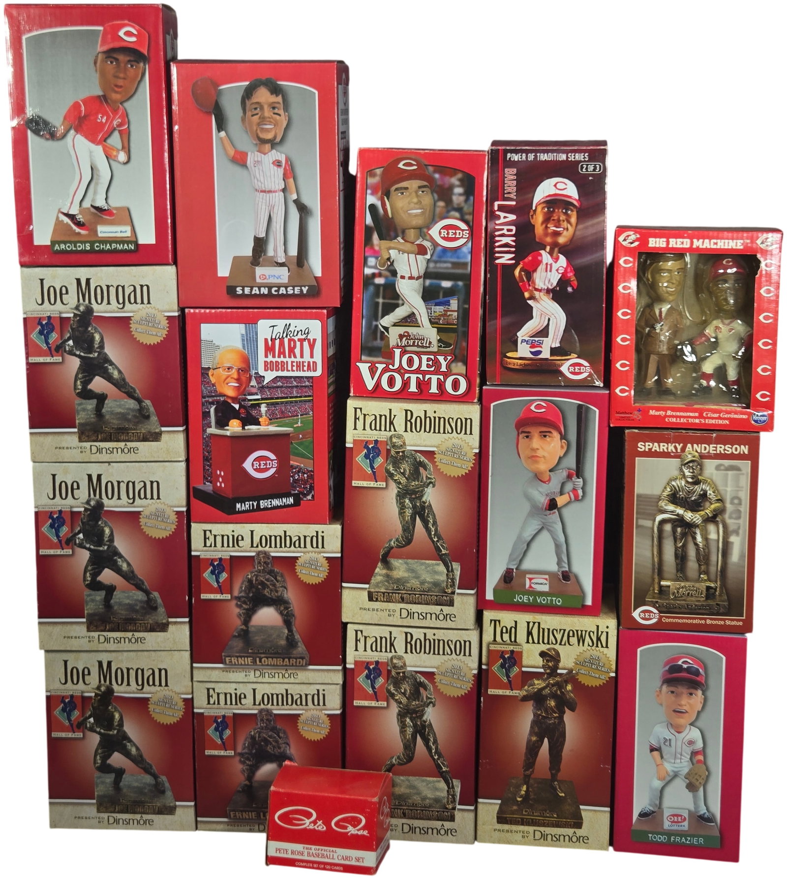 A Collection of Cincinnati Reds Bobbleheads, Commemorative Statues, and Pete Rose Baseball Card Set (1 of 10)