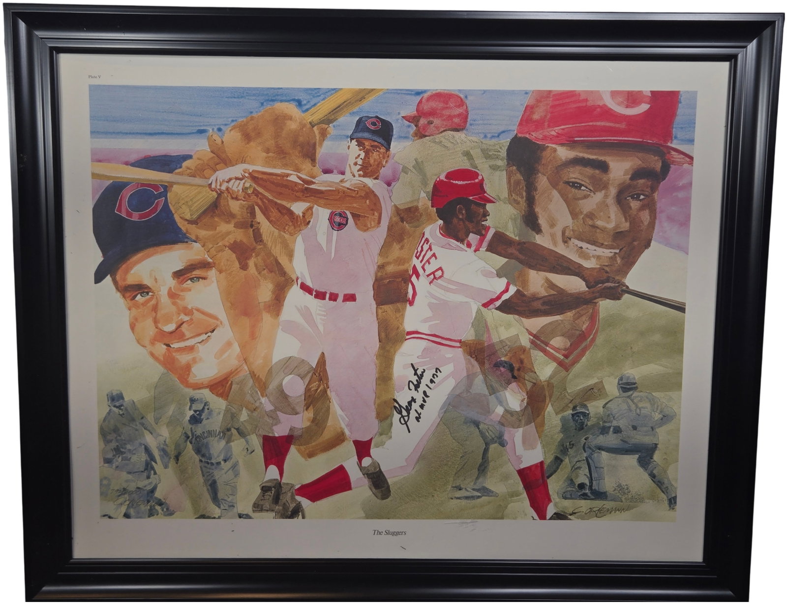 E. Orlemann Cincinnati Reds The Sluggers Limited Edition Framed Print: A framed limited edition sports print titled The Sluggers, featuring watercolor-style illustrations of Cincinnati Reds players Pete Rose, Johnny Bench, Joe Morgan, and George Foster. The print is mark