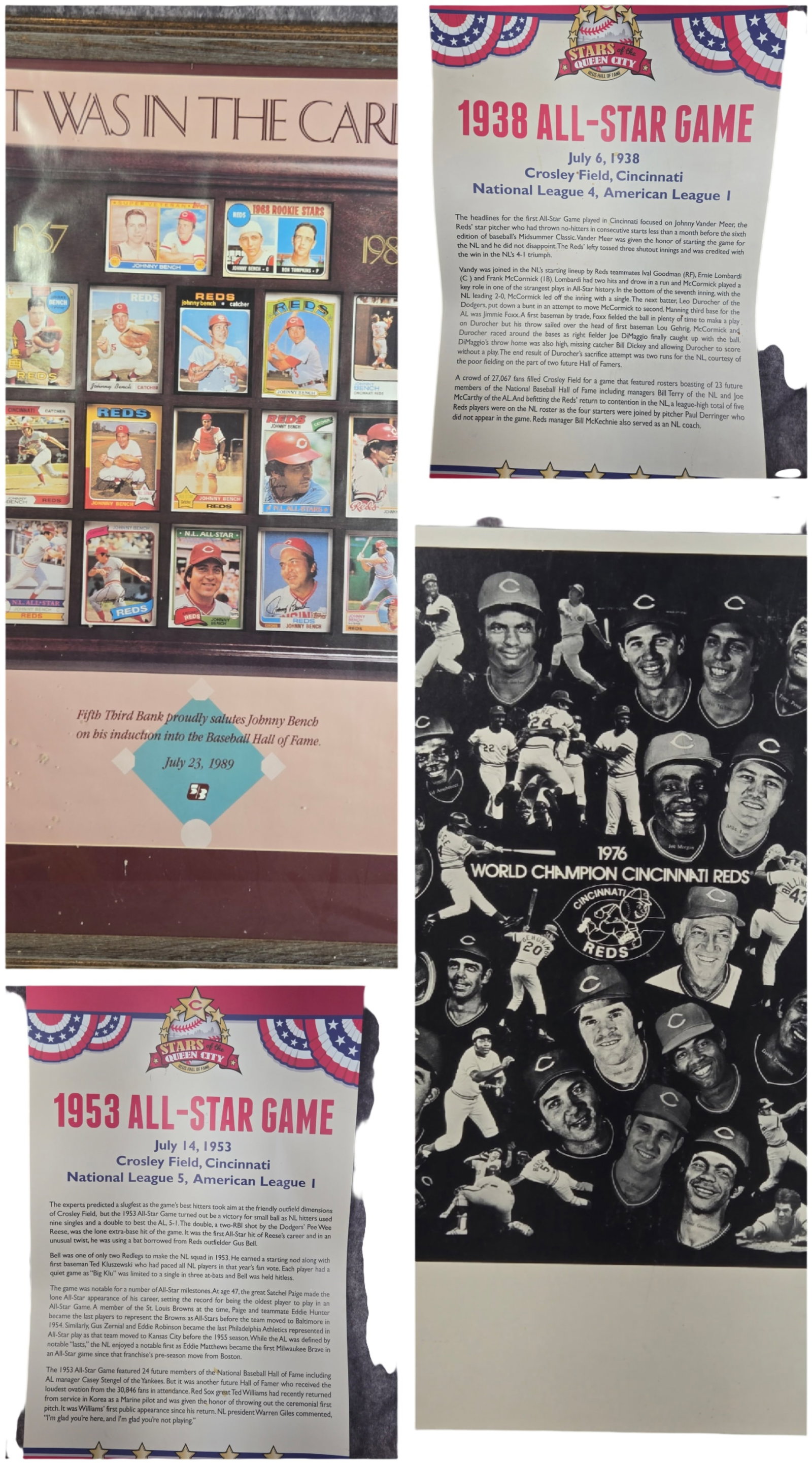A Collection of Cincinnati Reds Baseball Memorabilia and Framed Art: A collection of Cincinnati Reds baseball memorabilia featuring Hall of Fame catcher Johnny Bench and key moments in franchise history. The group includes various framed prints, promotional posters, an