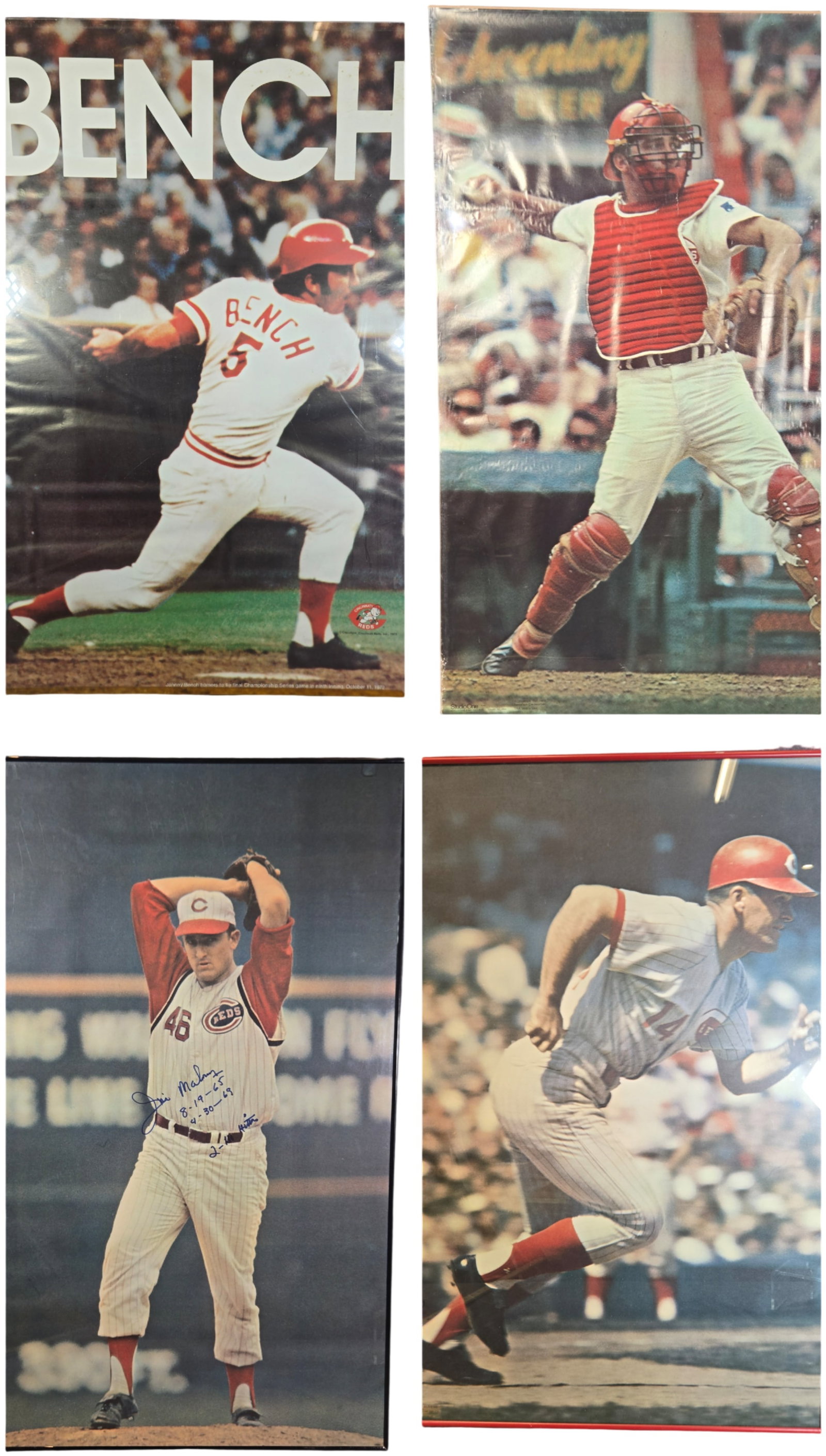 A Collection of Vintage Cincinnati Reds Baseball Posters and Prints Featuring Johnny Bench, Pete: This collection includes multiple vintage large-format color lithographic prints and posters depicting prominent Cincinnati Reds players from the late 1960s and early 1970s. A 1973 officially licensed