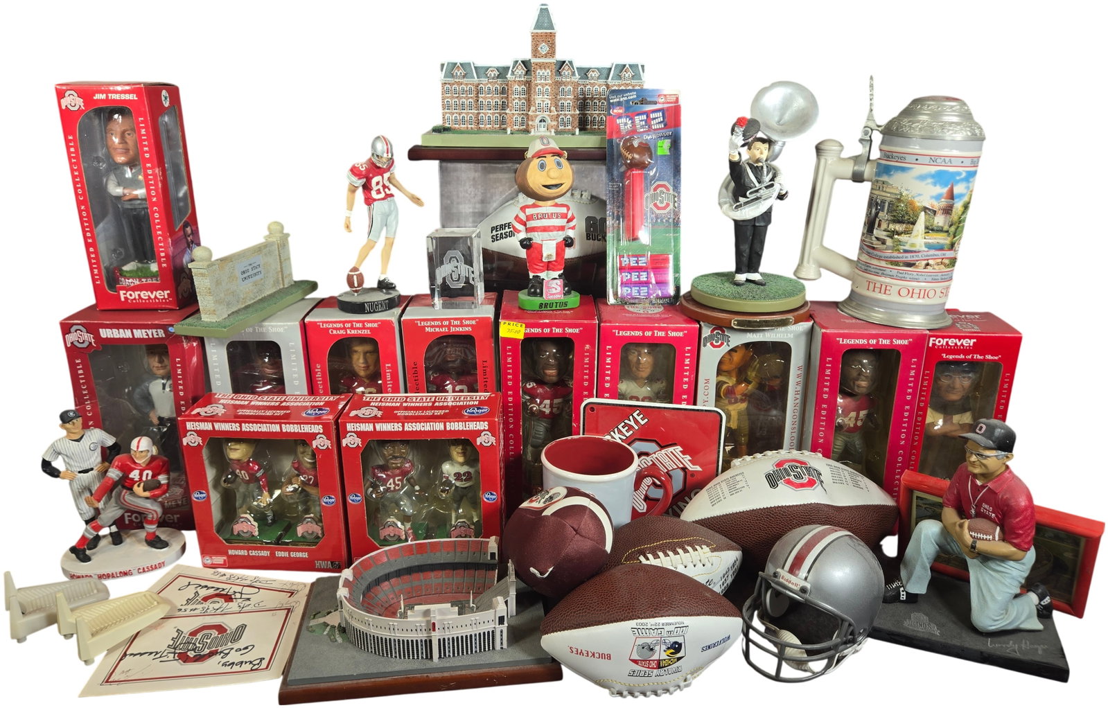 A Collection of Ohio State University Buckeyes Football Memorabilia Including Forever Collectibles: A large group of Ohio State University Buckeyes collegiate football memorabilia. The collection is highlighted by multiple limited edition bobbleheads from Forever Collectibles and FOCO, including ser